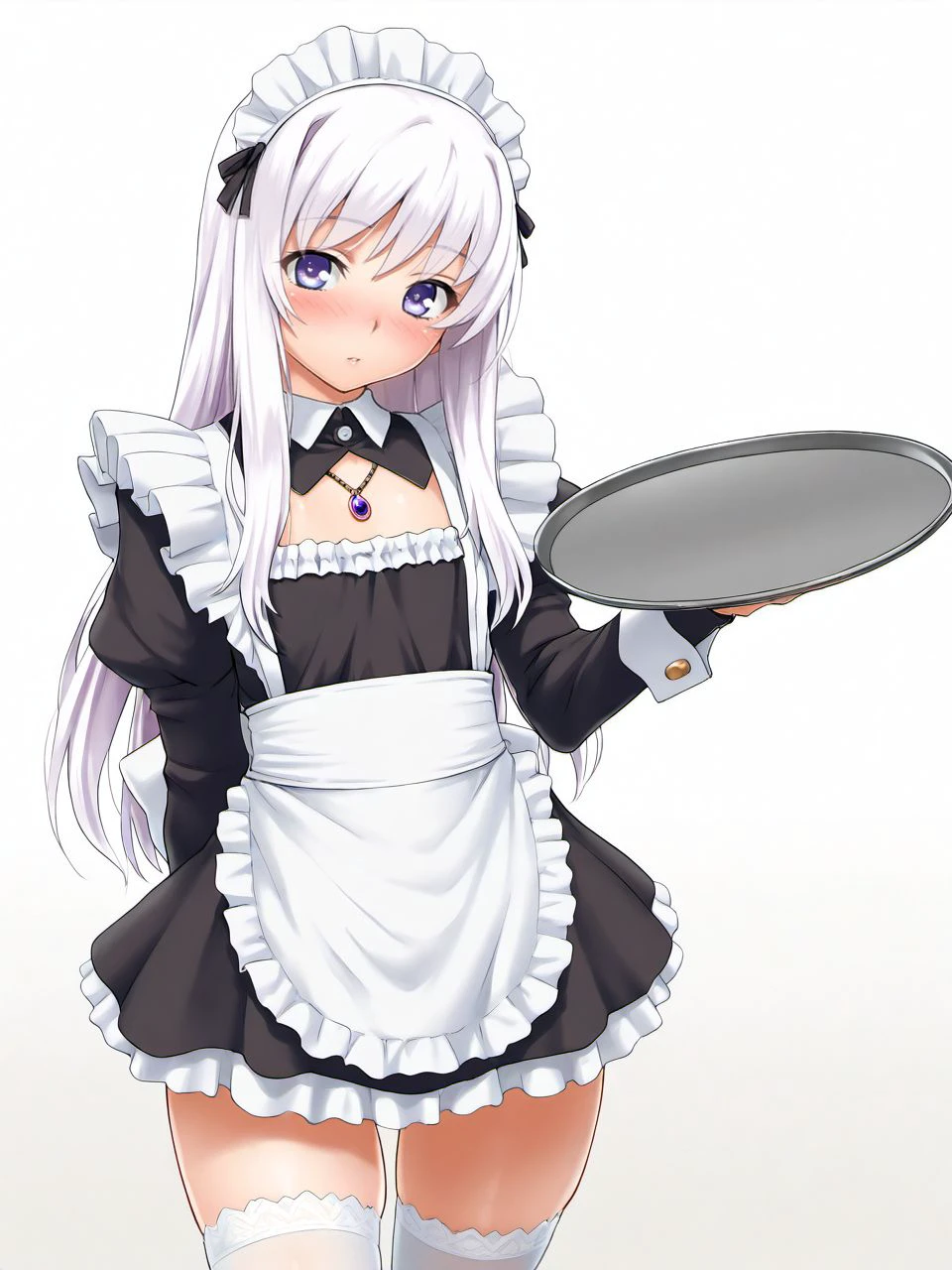 masterpiece, best quality, amazing quality, very aesthetic, high resolution,
manshiro, white hair, violet eyes, otoko no ko, solo, thighhighs, long hair, maid, medium skirt, white thighhighs, shoes, maid headdress, necklace, white background, holding tray, cowboy shot,
<lora:Ma(n)shiro Blan de Windbloom (male)_epoch_7:0.9>,