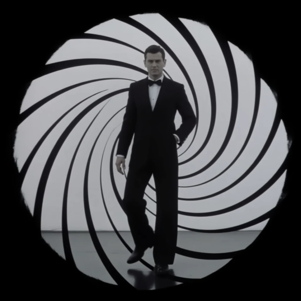 cinematic film still of  <lora:gun barrel sequence style v1:0.9>
a man standing in a tunnel with a gun aiming a gun at camera is seen through a tunnel hole, solo, short hair, 1boy, standing, monochrome, male focus, pants, from behind, walking, motion blur, gojou satoru, Gun barrel hole, gun barrel's interior, pinhole camera, Gun barrel sequence style, jacket, formal, suit, black background, hayakawa aki, shallow depth of field, vignette, highly detailed, high budget, bokeh, cinemascope, moody, epic, gorgeous, film grain, grainy