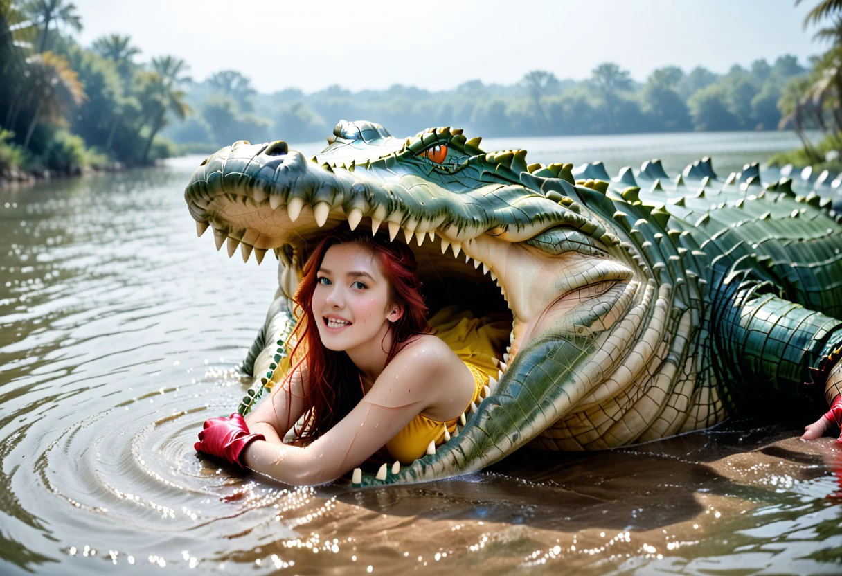 Vore scene.  1 woman, 1 crocodile. Hyperrealistic. Woman is swimming in deep waters. Woman torso is inside crocodile. crocodileis biting the torso. Crocodile is attacking from under her.  Woman torso is inside crocodile mouth. crocodile attacking woman. photo a woman attacked by a large crocodile,Perfect anatomy,  long hair, bright blue eyes, gorgeous, petite, 26-year-old Caucasian woman with long red hair and blue eyes, expressive face,beautifully drawn face.She is wearing a red domino mask,red gloves, bright yellow swimsuit. 
,
(masterpiece), (64k), intricate details, (highly detailed), photorealistic, cinematic lighting, shading, (best quality), absurd, (ultra high-resolution), ultra-detailed, cgi, (lineart), (depth of field), light particles, (hyper detailed), elaborated features, (volumetric lighting),crocodile, aligator, vore, violent, devour,Dawn, superheroine
biting torso,  attacking, offering