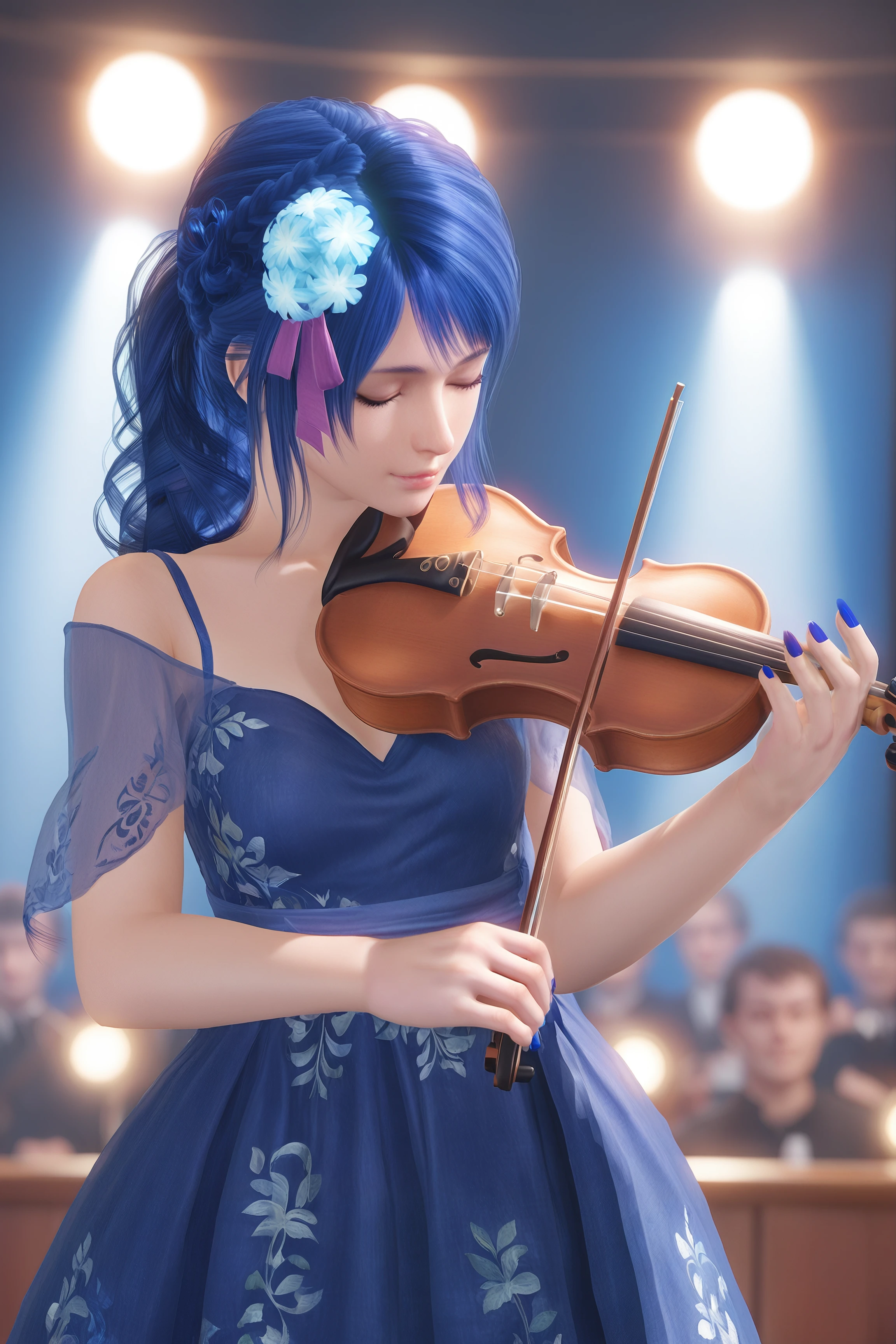 score_9,score_8,score_7_up,realistic,concert background,concert lighting,rim lighting,dim_lighting, dramatic light, partially covered in shadow, playing-violin, violin,holding, bow \(music\), playing violin,orchestra,symphonic band,
lobelia \(doa\),1girl,close eyes,skyblue_hair flower, hair flower,purple_hair ribbon, ribbon, hair ornament, ponytail, wavy_ponytail, swept bangs, french braid, crown braid, fingernails, nail polish, blue nails, blue dress, off-shoulder_dress,elegant dress,gorgeous dress,standing,
 <lora:Playing_Violin_(pony)_v1:0.7000000000000001> <lora:doa_lobelia_pdxl_v10:0.8>