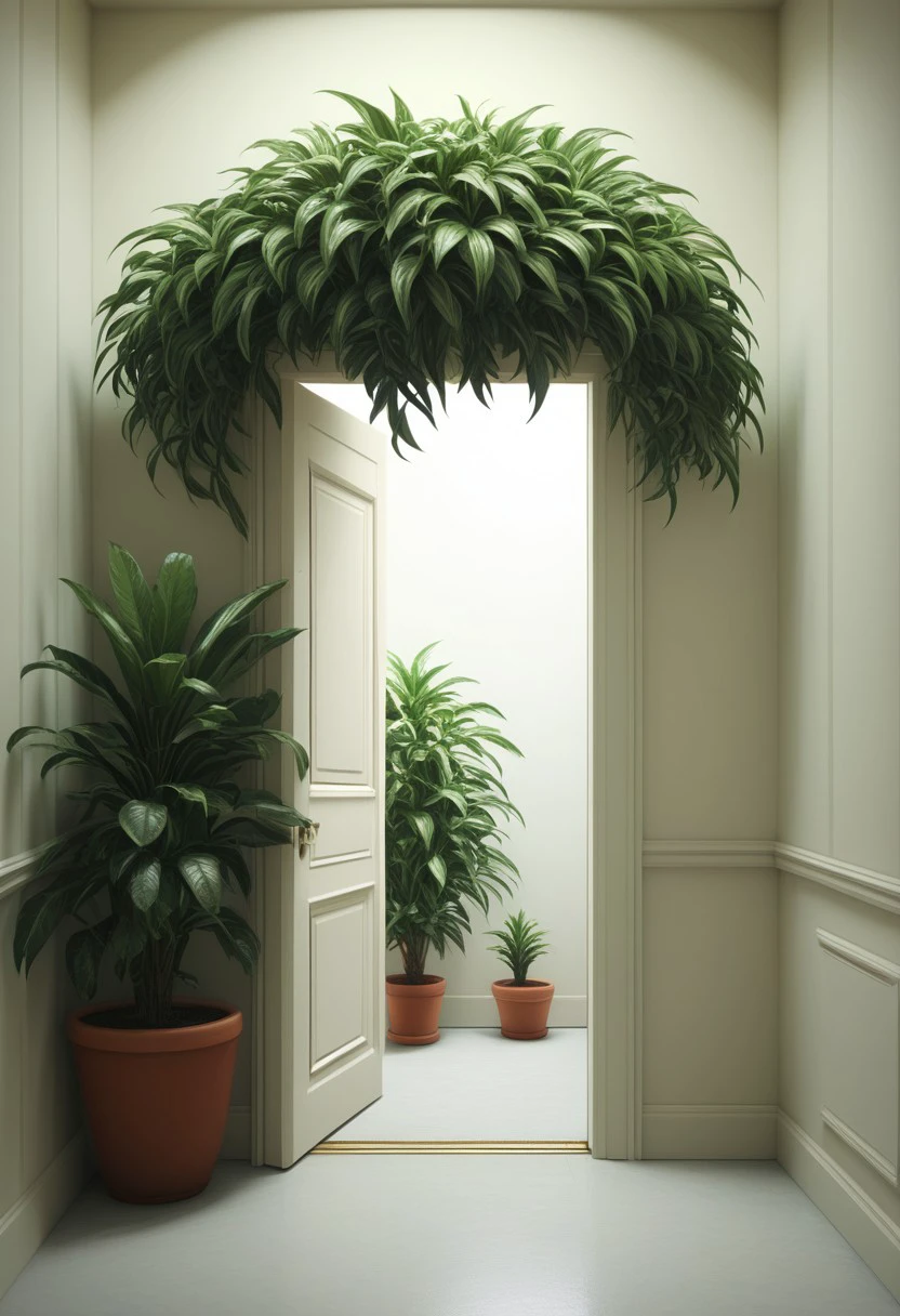 masterpiece, absurdres, best quality, Versabg, no humans, plant, scenery, potted plant, indoors, door,