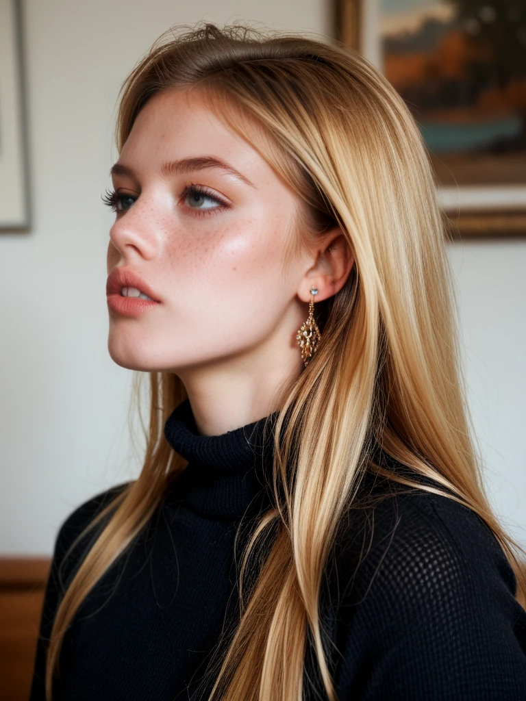 score_9, score_8_up, score_7_up, <lora:Teefs-000007:1>, 1girl, mouth, parted lips, teefs44, teeth, diastema,  solo, jewelry, earrings, blonde hair, long hair, sweater, black sweater, freckles, profile