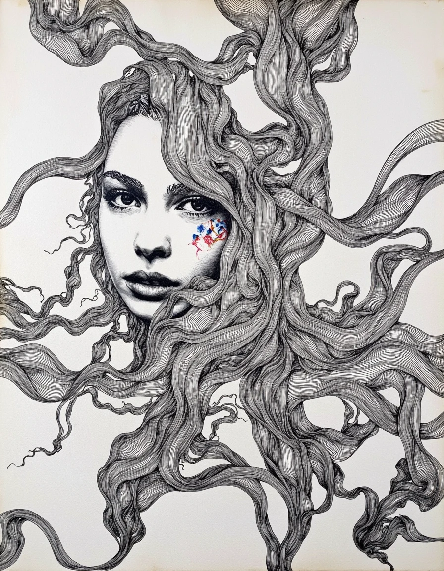 Gabriel Moreno art. This is a highly detailed, intricate drawing in a mixed media style, featuring a surreal, stylized portrait of a person's face with flowing hair. The artwork is rendered in black and white with subtle hints of color. The face is depicted in a detailed, almost photorealistic manner, with expressive, almond-shaped eyes and full, pouty lips. <lora:Gabriel_Moreno-000010:1>