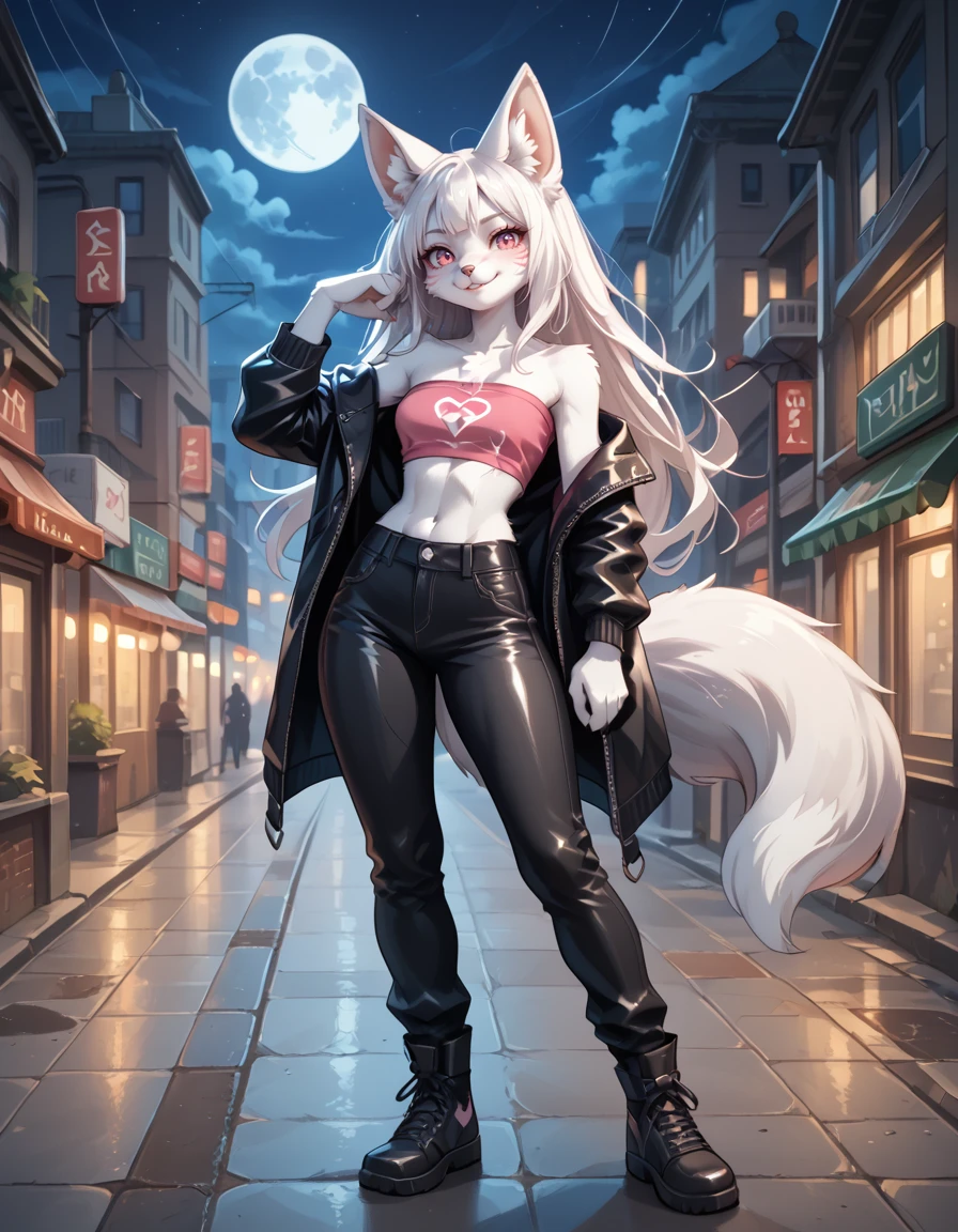 score_9,score_8_up,score_7_up,
outdoors,city,night, night sky, full moon,
full body,seductive smile,parted lips,long eyelashes,pose,
leather pants,tube top,leather jacket,
<lora:Kytsune_v01_PDXL:1>,Kytsune,1girl,solo,furry female,fox girl,fox ears,animal ear fluff,fox tail,white hair,long hair,pink eyes,body fur,white fur,snout,animal nose,
<lora:add-detail-xl:1>,