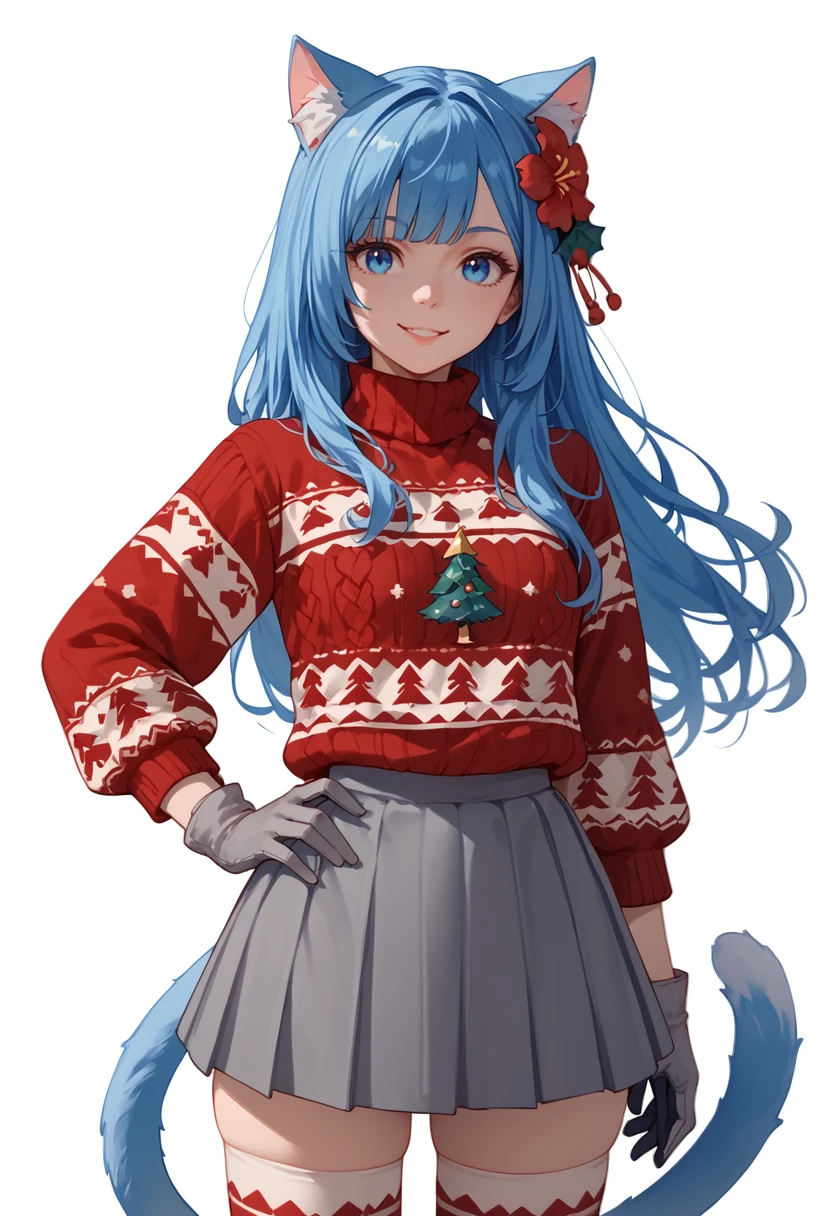 score_9, score_8_up, score_7_up, score_6_up, score_5_up, score_4_up, masterpiece, ultra-detailed, high resolution,

christmas_sweater, 1girl, animal ears, tail, solo, blue hair, blue eyes, gloves, long hair, thighhighs, cat ears, skirt, cat tail, white background, flower, cat girl, black gloves, bangs, hair ornament, simple background, red shirt, grey skirt, smile, hand on hip, grey gloves, hair flower