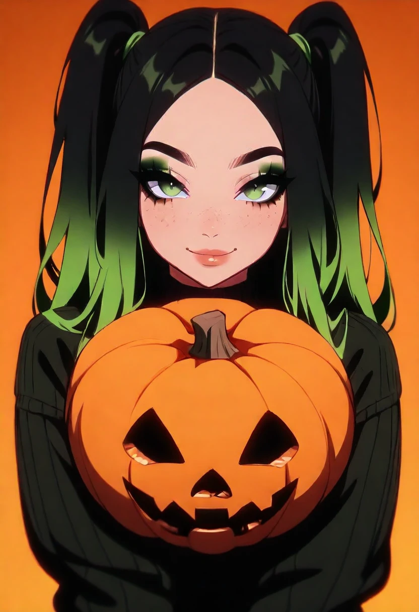 best quality, amazing quality, very aesthetic, absurdres, SHSLG, 1girl, solo, green eyes, green hair, multicolored hair, twintails, jack-o'-lantern, long hair, black hair, freckles, looking at viewer, smile, pumpkin, halloween, upper body, gradient, gradient background, makeup, orange background, sweater, eyeshadow