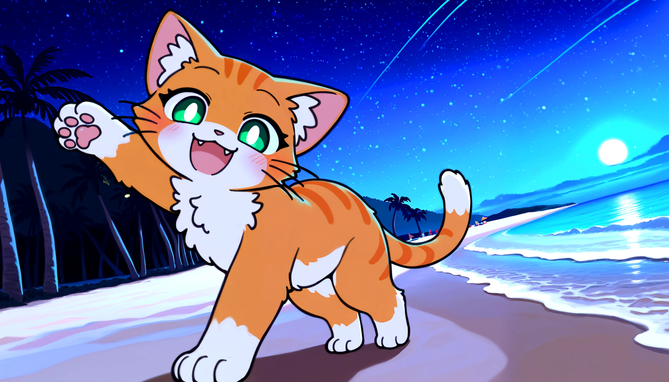 masterpiece, best quality, amazing quality, very aesthetic, absurdres, newest, detailed shading,photorealistic,  SFW,(dutch angle,beach,night,luminucent background) BREAK sfw, no humans,1 orange cat,happy,walking on the beach,looking at viewer