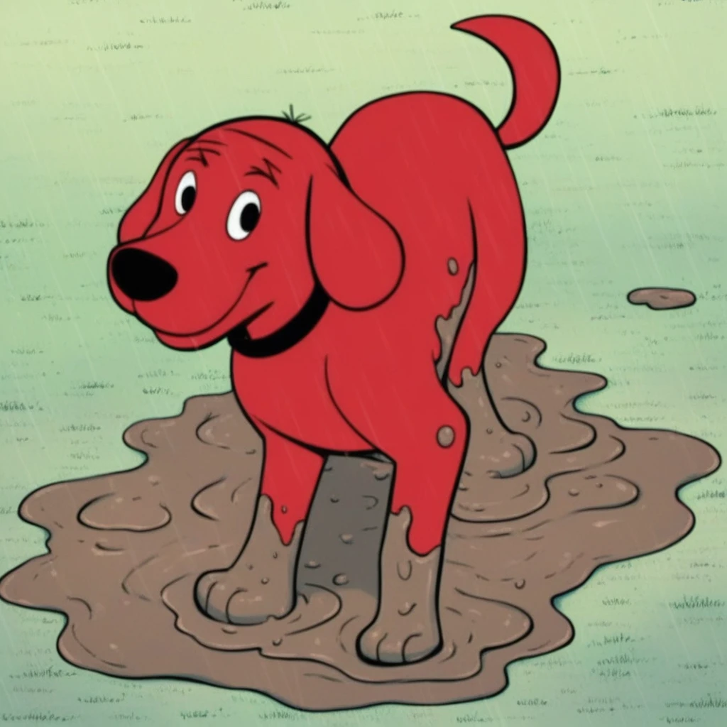 score_9, score_8_up, score_8, score_7, source_cartoon, Clifford(CBRD), solo, 1boy, feral, dog, dog boy, red fur, long ears, black eyes, thin tail, black collar, full body, looking at viewer, covered in mud, rolling in mud, smile, raining, mud puddle, grass field setting,