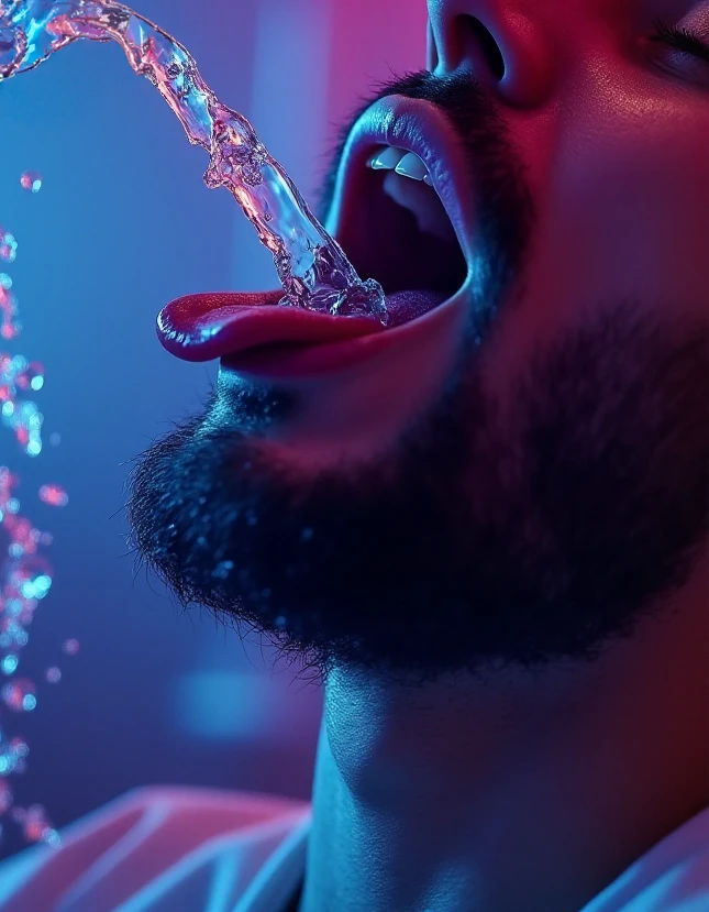 a vibrant, high-energy scene where a stream of bright water is captured mid-air from above, landing precisely in a man's mouth. The stream is coming from above. The background should be a lively, neon-lit environment, reminiscent of a futuristic arcade or a vibrant nightclub, with hues of blue, purple, and pink dominating the scene. The man's tongue should be prominently featured, glistening under the artificial lights, with the water creating a vivid contrast against the cooler background tones. Ensure the focus is on the dynamic interaction between the water and the tongue and face, showcasing the splash and motion of the liquid in a highly detailed and realistic manner.