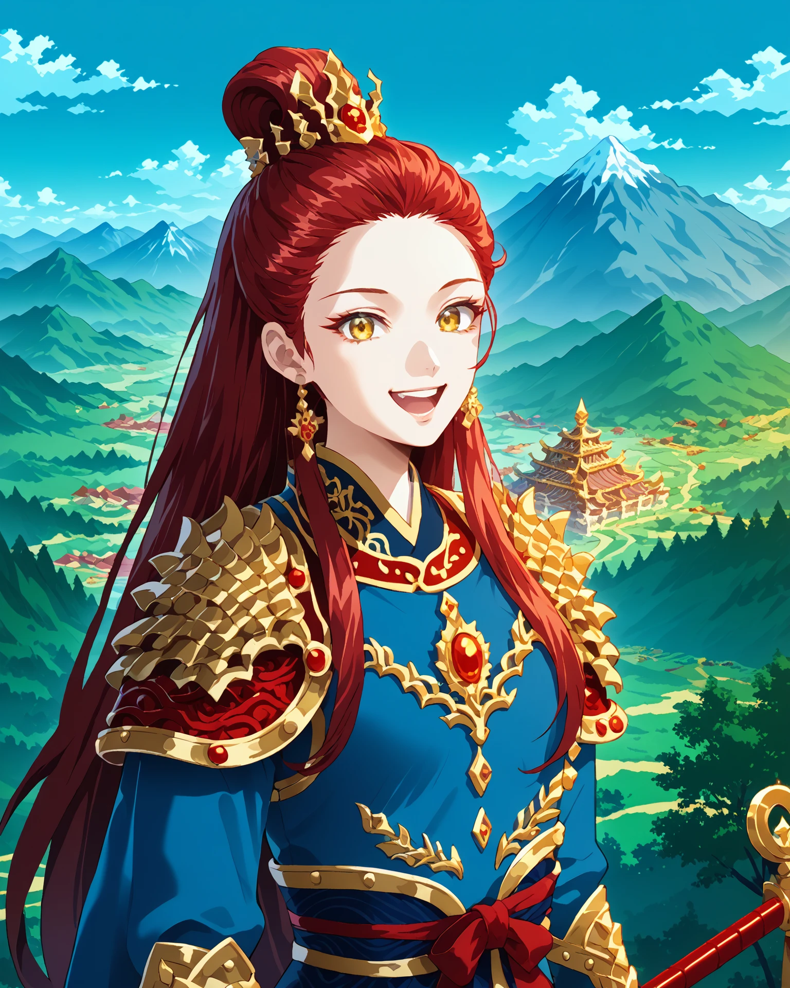 1girl, chinagen, gold eyes, blue clothing, red embroidery, patterning, gold accents, happy, beautiful mountain scenery, masterpiece, highest quality, absurdres, digital art, very detailed, score_9, score_8_up, score_7_up, long hair,  <lora:ChinaGen_XL-000012:1.2>,   <lora:minashirazuXLP:1> minashirazu