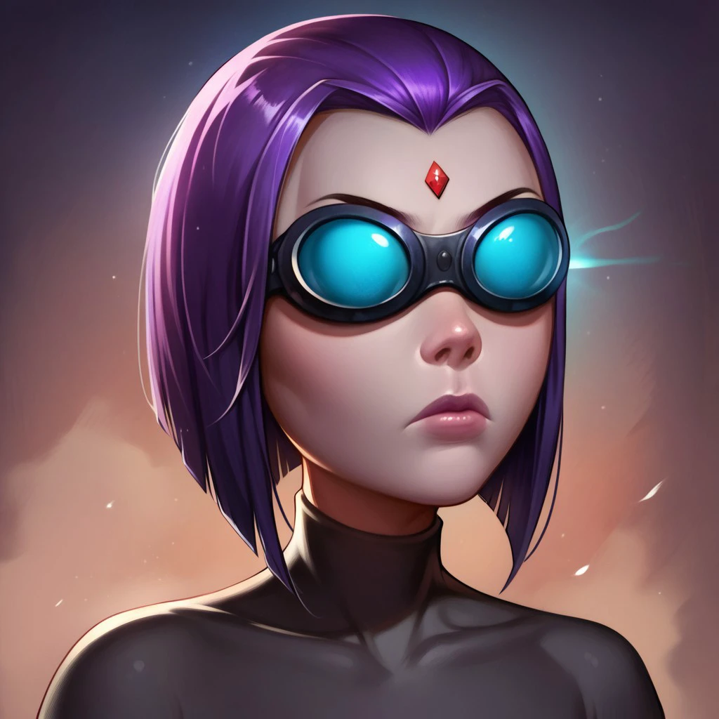 score_9, score_8_up, score_7_up, detailed illustration, realistic, solo,  1girl, facial focus, 
ravendc, 1girl, solo, purple hair, bob hair cut, short hair, grey skin, 1 jewel in forehead, hypno-goggles, glowing blue lens, expressionless,