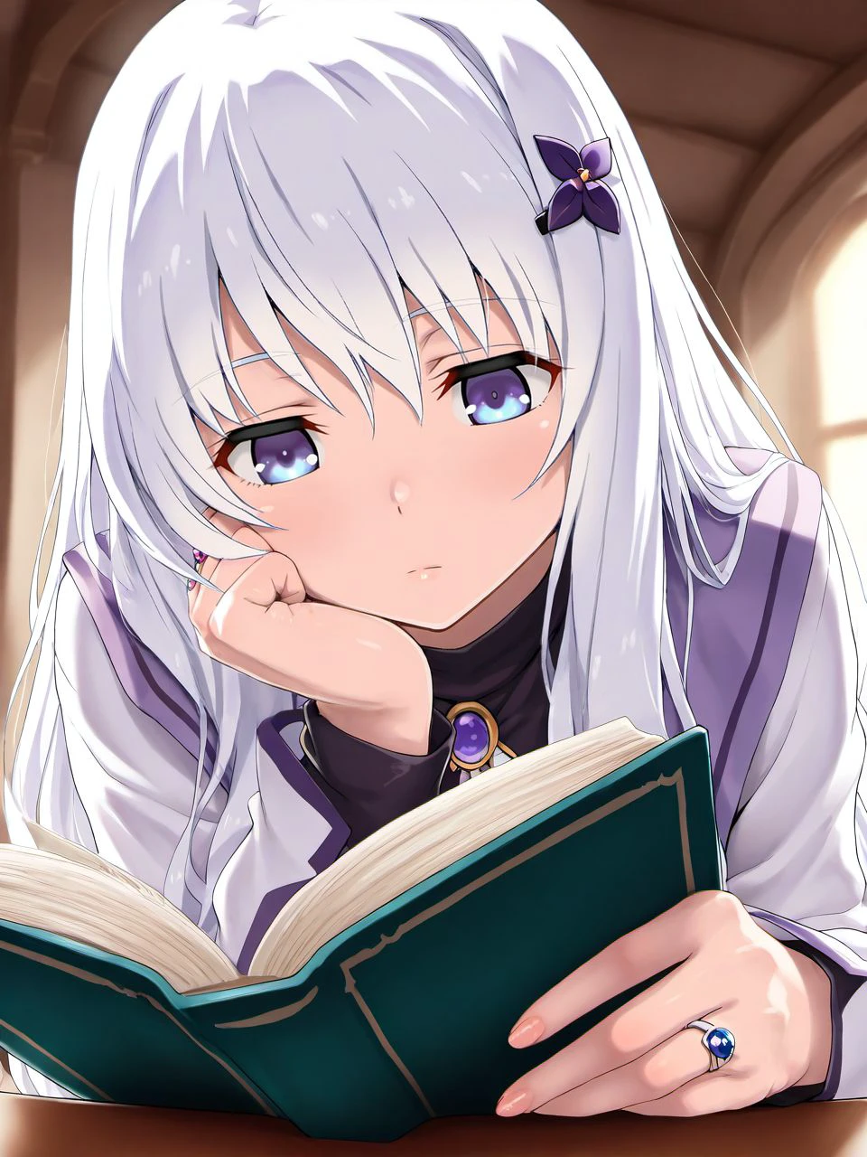 masterpiece, best quality, amazing quality, very aesthetic, high resolution,
manshiro, white hair, violet eyes, long hair, otoko no ko, solo, book, jewelry, ring, long sleeves, long hair, open book, expressionless, sitting, hairclip, reading, hair ornament,
<lora:Ma(n)shiro Blan de Windbloom (male)_epoch_7:0.9>,