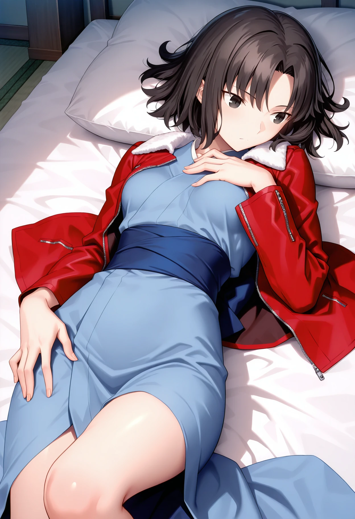 masterpiece,best quality, r_shiki, 1girl, solo, short hair, parted bangs, black hair ,black eyes, tsurime, red fur-trimmed jacket,blue kimono, japanese clothes, sash, long sleeves, small breasts, lying, on back, hand own breasts, hand on own thigh,bed sheet, <lora:r_shiki_2_IL-100007:0.9>