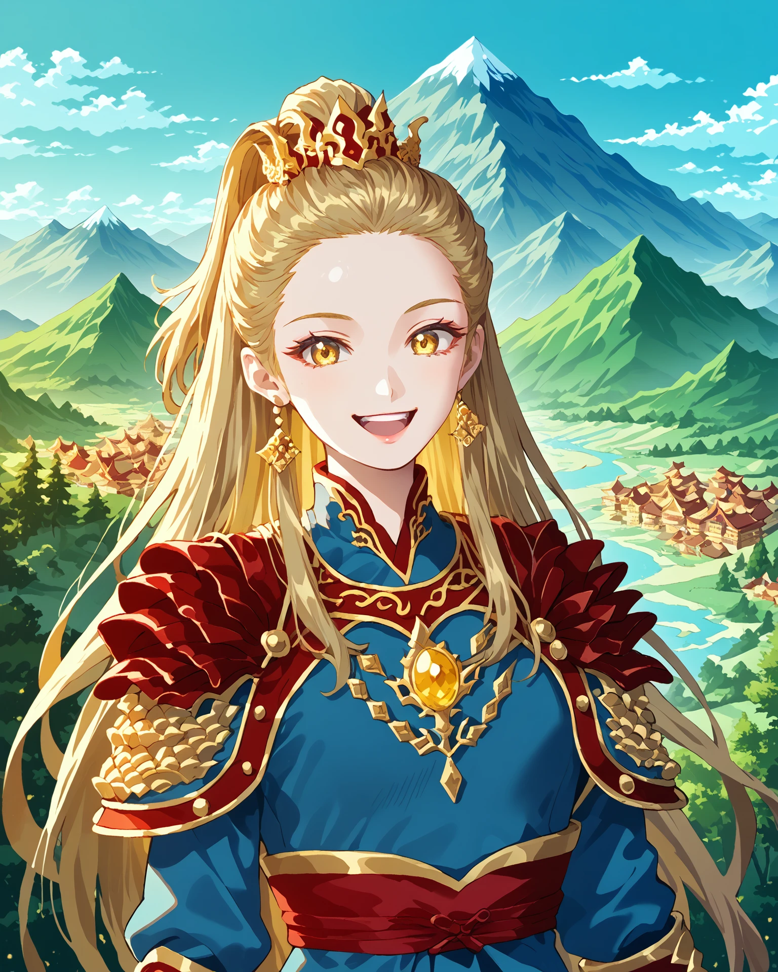 1girl, chinagen, gold eyes, blue clothing, red embroidery, patterning, gold accents, happy, beautiful mountain scenery, masterpiece, highest quality, absurdres, digital art, very detailed, score_9, score_8_up, score_7_up, long hair,  <lora:ChinaGen_XL-000012:1.2>,   <lora:minashirazuXLP:1> minashirazu