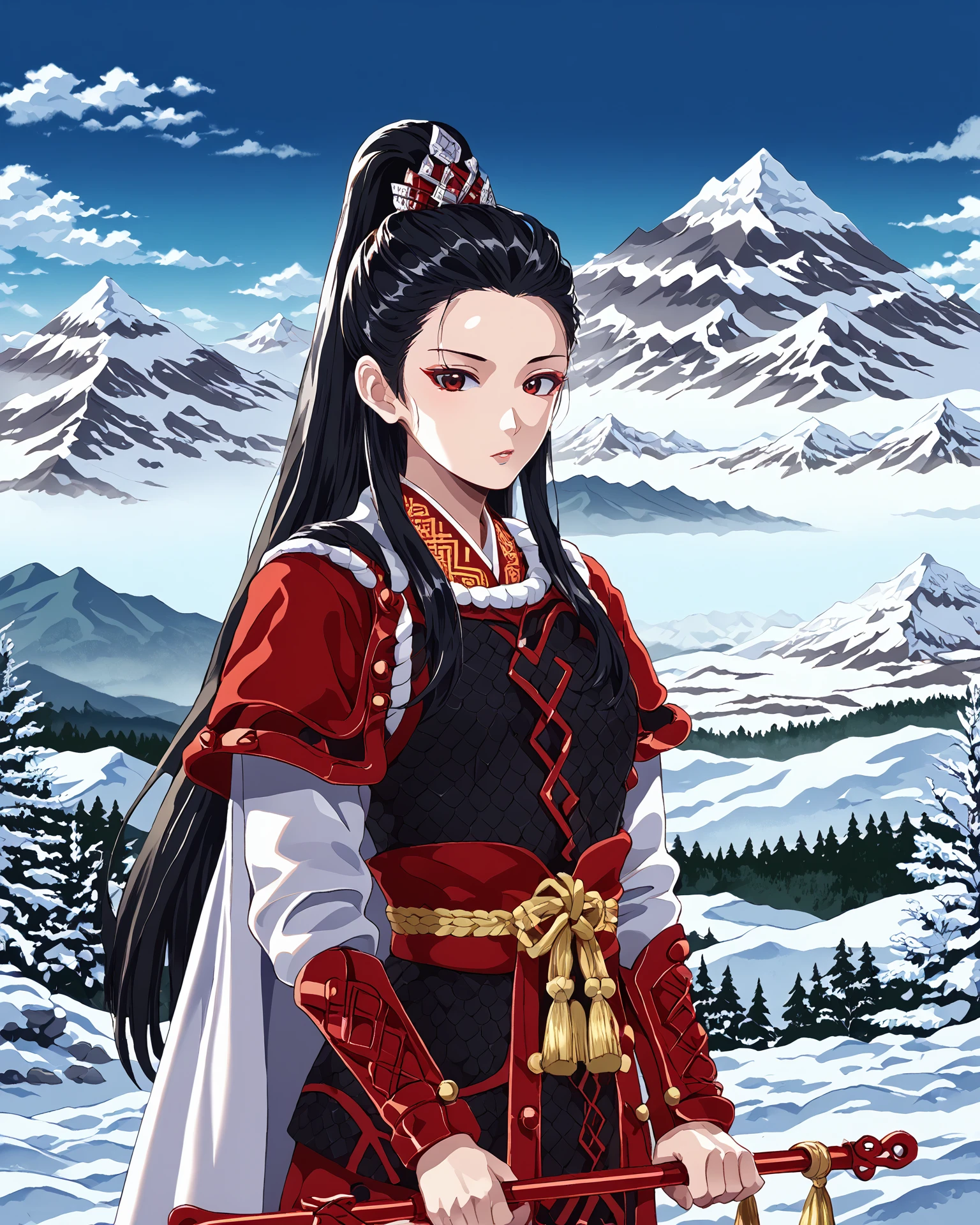 1girl, chinagen, black hair, red embroidery, patterning, snowy mountain, beautiful mountain scenery, masterpiece, highest quality, absurdres, digital art, very detailed, score_9, score_8_up, score_7_up, long hair,  <lora:ChinaGen_XL-000012:1.2>,  <lora:minashirazuXLP:1> minashirazu