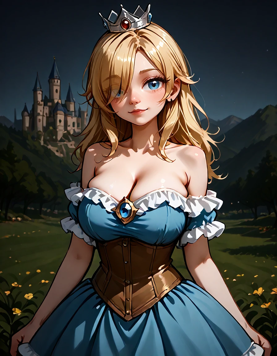 <lora:corsetprincessdress:0.85>  1girl, long blonde hair, hair over one eye, upper body, hud_crst_prncss_drss,  bare shoulders, corset, off shoulder, blue dress, short dress, frills, crown, light smile, blue eyes, saggy large breasts, castle, garden meadow,