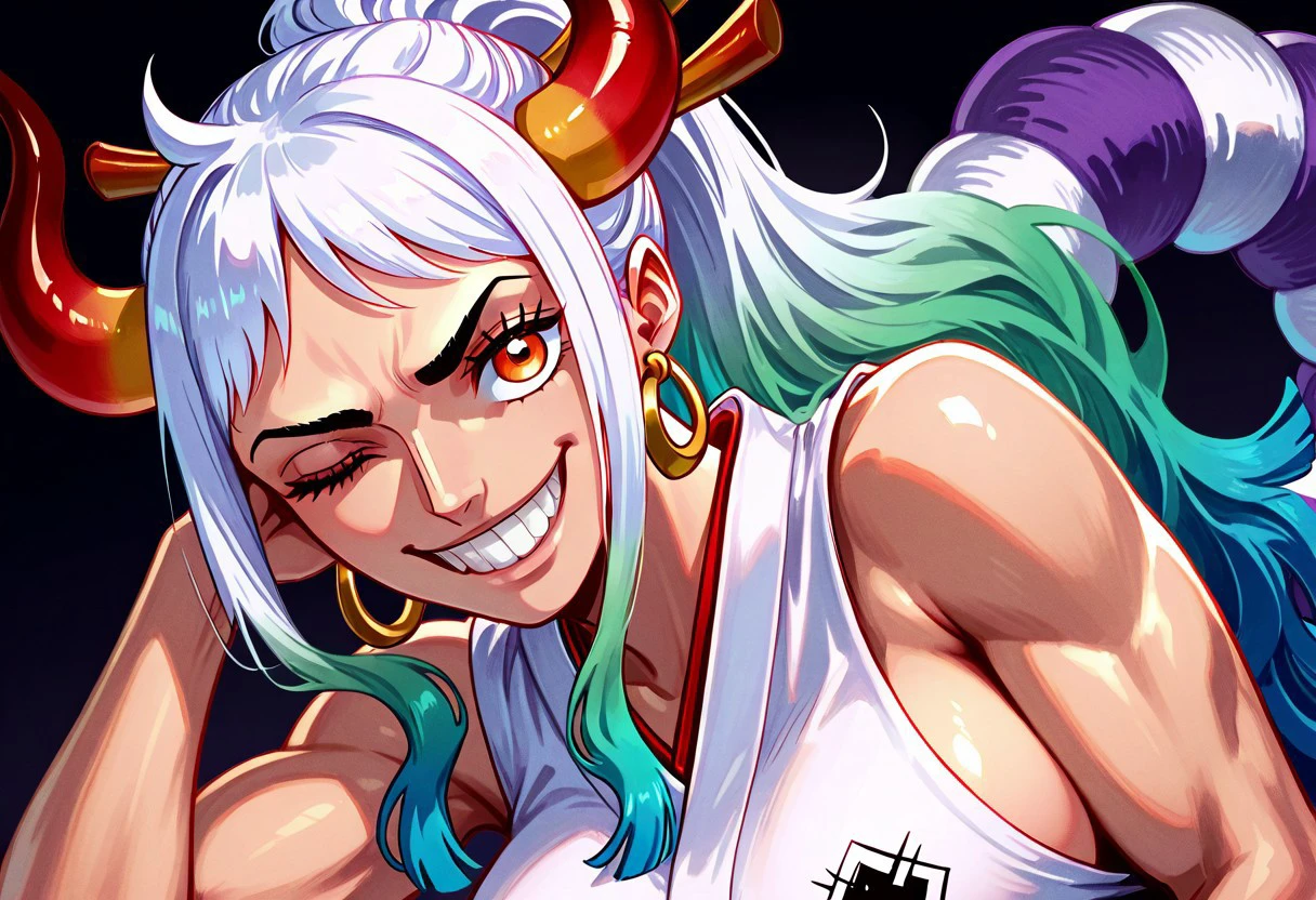 masterpiece, best quality, newest, absurdres, highres, Berserkingtimeface, smile, teeth, one eye closed, grin, 1girl, yamato \(one piece\), curled horns, red horns, multicolored horns, orange eyes, white hair, green hair, long hair, multicolored hair, aqua hair, gradient hair, blue hair, sidelocks, ponytail, high ponytail, hair stick, large breasts, sleeveless kimono, bare shoulders, hoop earrings, earrings, shimenawa, toned