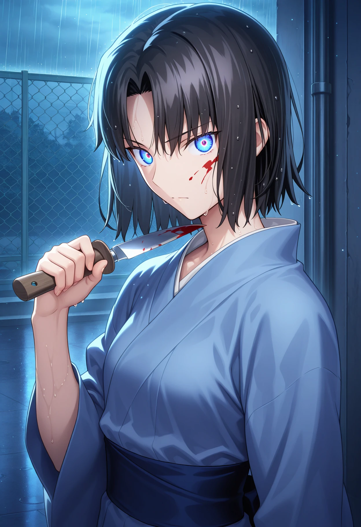 masterpiece,best quality, r_shiki, 1girl, solo, short hair, parted bangs, black hair, tsurime, blue eyes, glowing eyes, glowing, blue kimono, japanese clothes,sash,long sleeves, holding knife, weapon, serious,  blood on face, light particles, light rays,  upper body, rain, wet hair, wet clothes,looking at viewer, hand up, outdoors, rooftop, chain-link fence, <lora:r_shiki_2_IL-100007:0.9>