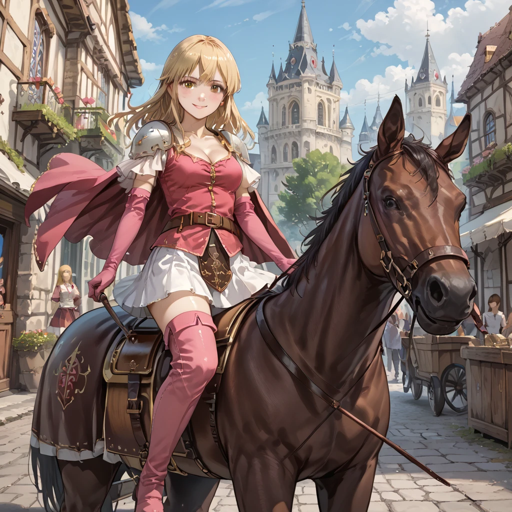 score_9,score_8_up,score_7_up, source_anime, soft lighting,nsfw, hires,high quality,best quality,
medieval town, street, riding horse, horseback, from below, 
<lora:Lachesis_Fire_Emblem_Genealogy_of_Holy_War:1>,def_lachesis, pink shirt, white shoulder pad, thighhighs, cape, white miniskirt, zettai ryouiki, pink elbow gloves, pink thigh boots, belt, pleated skirt, blonde hair, smile, cleavage,