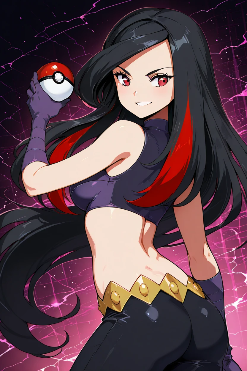 masterpiece, best quality, 1girl, solo, eyelashes, (beautiful eyes),   1girl, solo, long hair, breasts, smile, black hair, red eyes, gloves, holding, bare shoulders, ass, red hair, multicolored hair, midriff, looking back, two-tone hair, crop top, poke ball, poke ball (basic), holding poke ball  ,<lora:LucyPokemonIXL_v3:1.0>, zzLucy, red eyes, black hair, colored inner hair, long hair, multicolored hair, red hair, streaked hair, two-tone hair, very long hair, gloves, navel, sleeveless, purple gloves, elbow gloves, shirt, bare shoulders, purple shirt,  ,<lora:GenzomanPokemonIXL:1.0>,