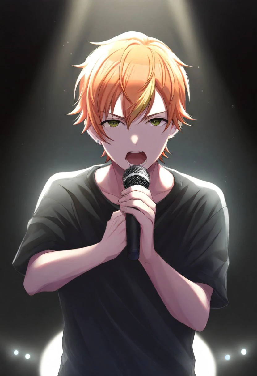 masterpiece, high res, 1boy, solo, shinonome_akito, singing, looking at viewer, stage, rap, serious, (shout:0.6), spotlight, backlight, neon, (>:o:0.6)