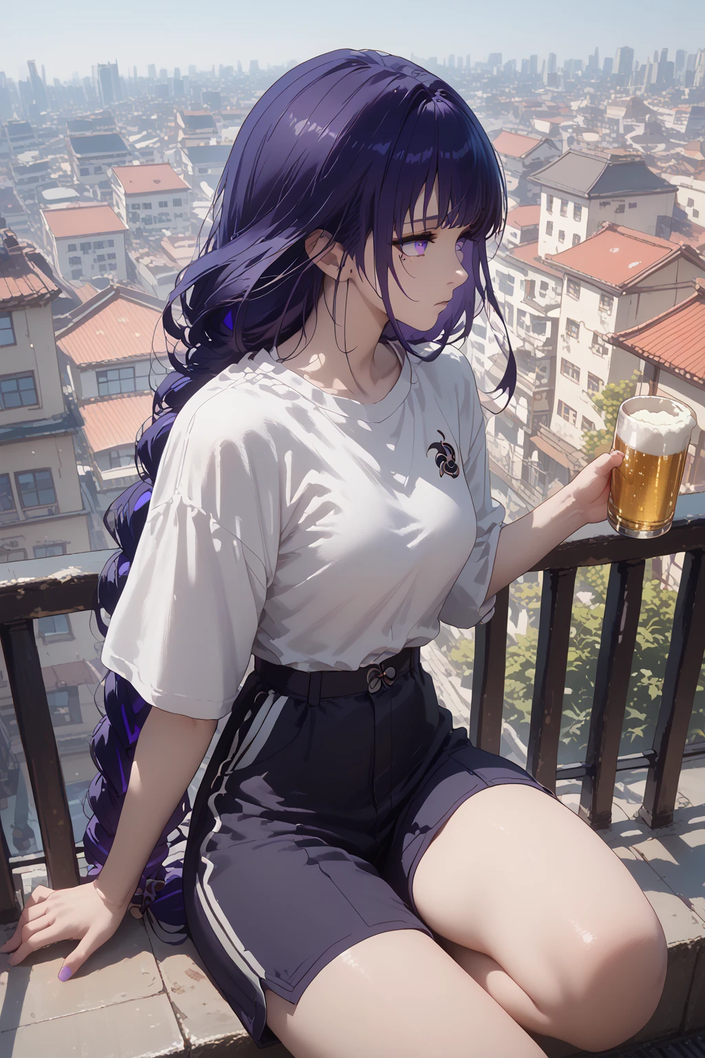 score_9,score_8_up,score_7_up,
raiden shogun,1girl,solo,On the rooftop,the girl sat on the balcony looking out at the city,with a beer in her hand,her feet folded in a loose white shirt,