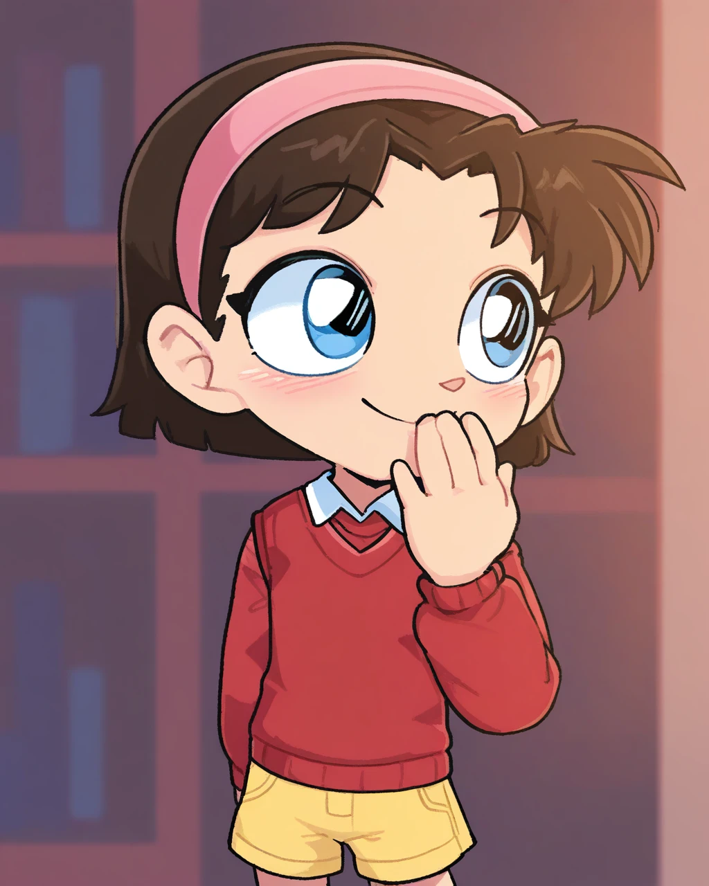 masterpiece, best quality, kimkrab, female , 1girl, solo, ayumi, pink hairband, red sweater vest, collared vest, yellow shorts, smile, hand over own mouth, library