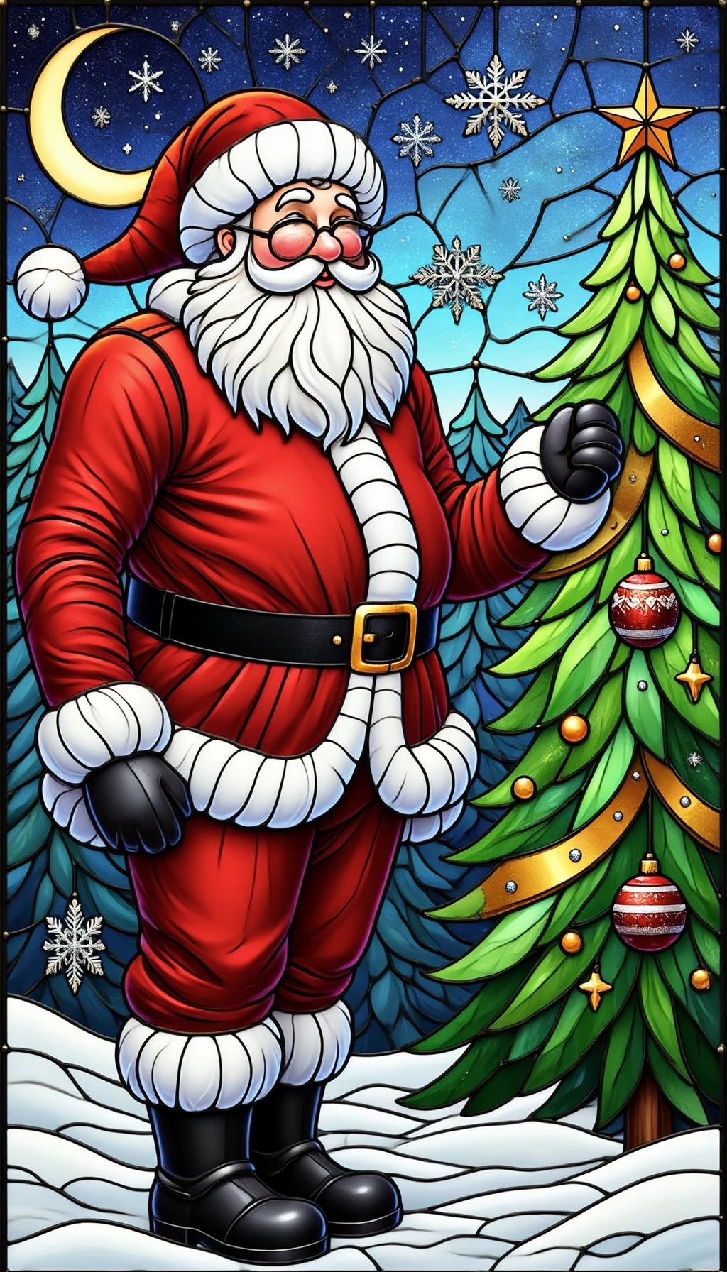 pinkchristmasstainedglass, 

Santa Claus standing beside a Christmas tree, holding a shiny ornament with a warm smile.