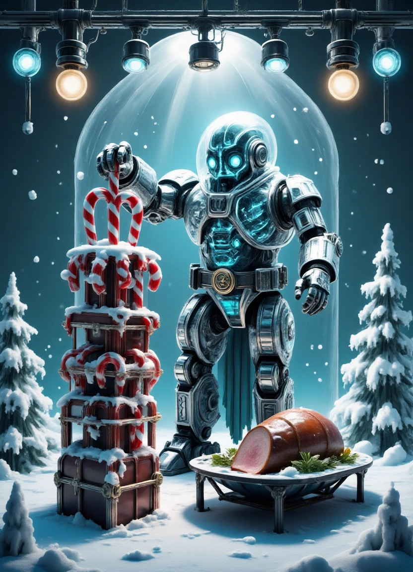 A whimsical winter wonderland scene with a DonMfr0stp4nkfx vintage aesthetic, featuring the Ghost of Christmas Present holding a towering stack of candy canes alongside a ham dinner, set in a peaceful and serene environment full of anticipation and excitement, illuminated by warm and cozy track lighting.