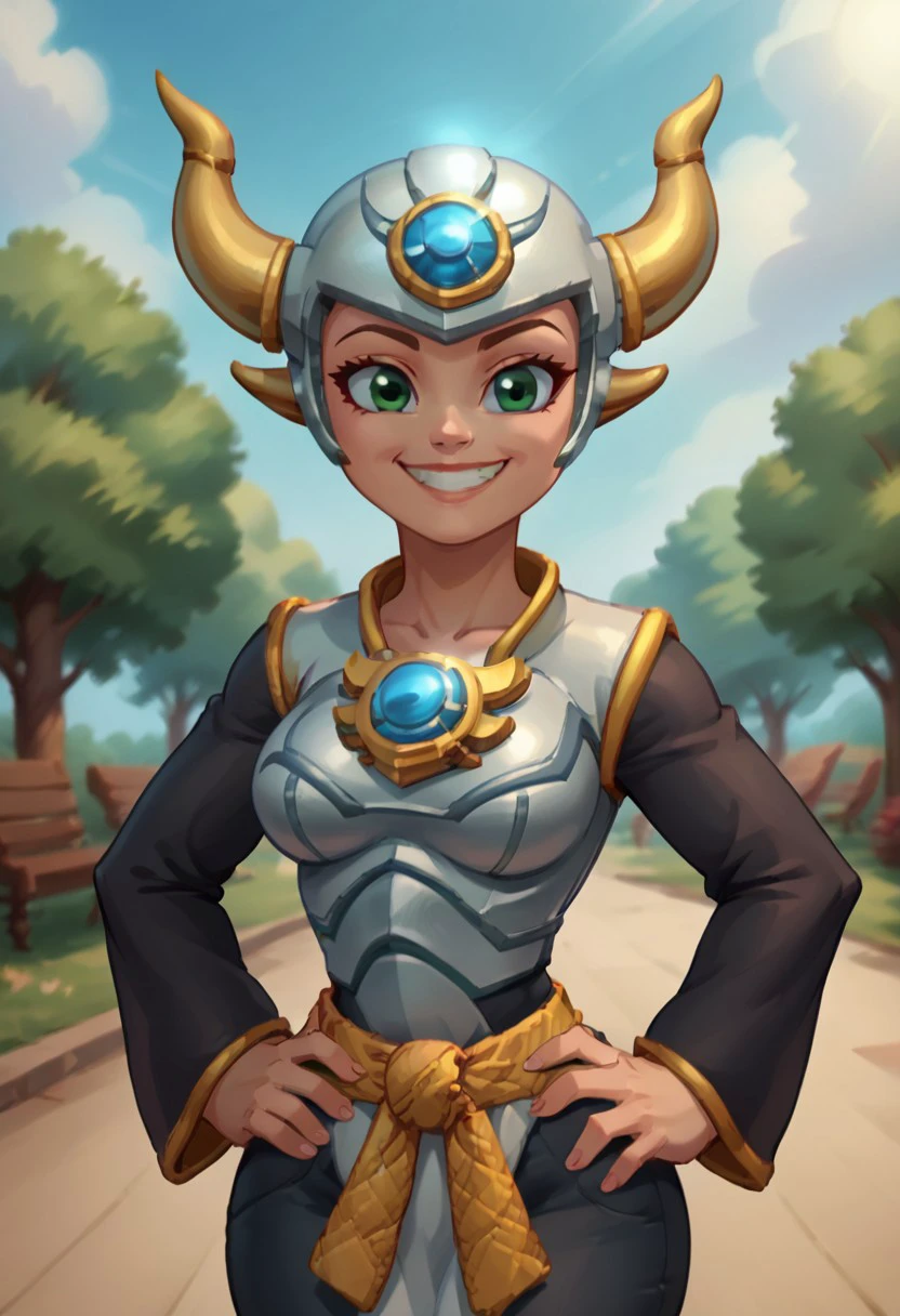 park neighborhood, park background, day, day time, 2d, 1girl, masterpiece, best quality, extreme detail, hourglass figure, wide hips, round boobs, medium breasts, mature female, 2d, 1girl, solo, Skylanders, Aurora, green eyes, helmet, headgear, horns, white top, yellow belt, tied belt, long sleeves, black sleeves, loose sleeves, black pants, bare hands, chest jewel, forehead jewel, gold trim, 
upper body, close up, smile, happy expression, V, hand on hip,