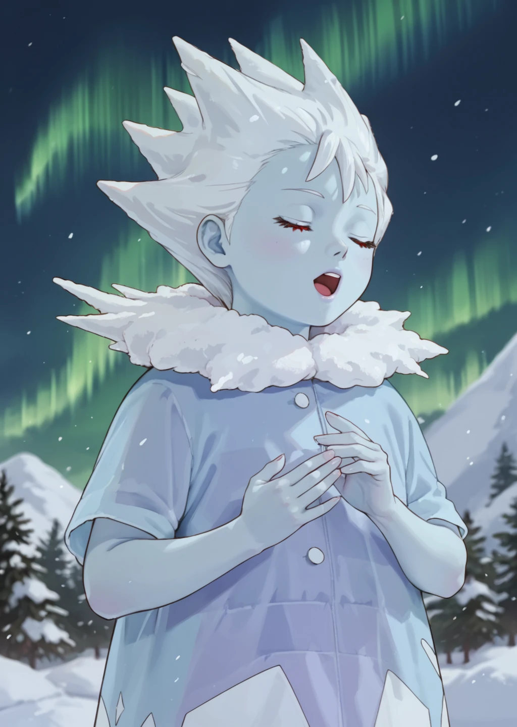 score_9, score_8_up, score_7_up, score_6_up, score_5_up, score_4_up, detailed, realistic, close up, portrait, female 1celady, human hands, blue skin, standing, singing, closed eyes, mist, frost, aurora borealis, snow background, source_anime  <lora:The Lady of the Cold (Jäärouva, Moomin) [Pony]_epoch_12:0.7> 1celady, pokemon (creature), ice dress, blue skin, red eyes, outdoors