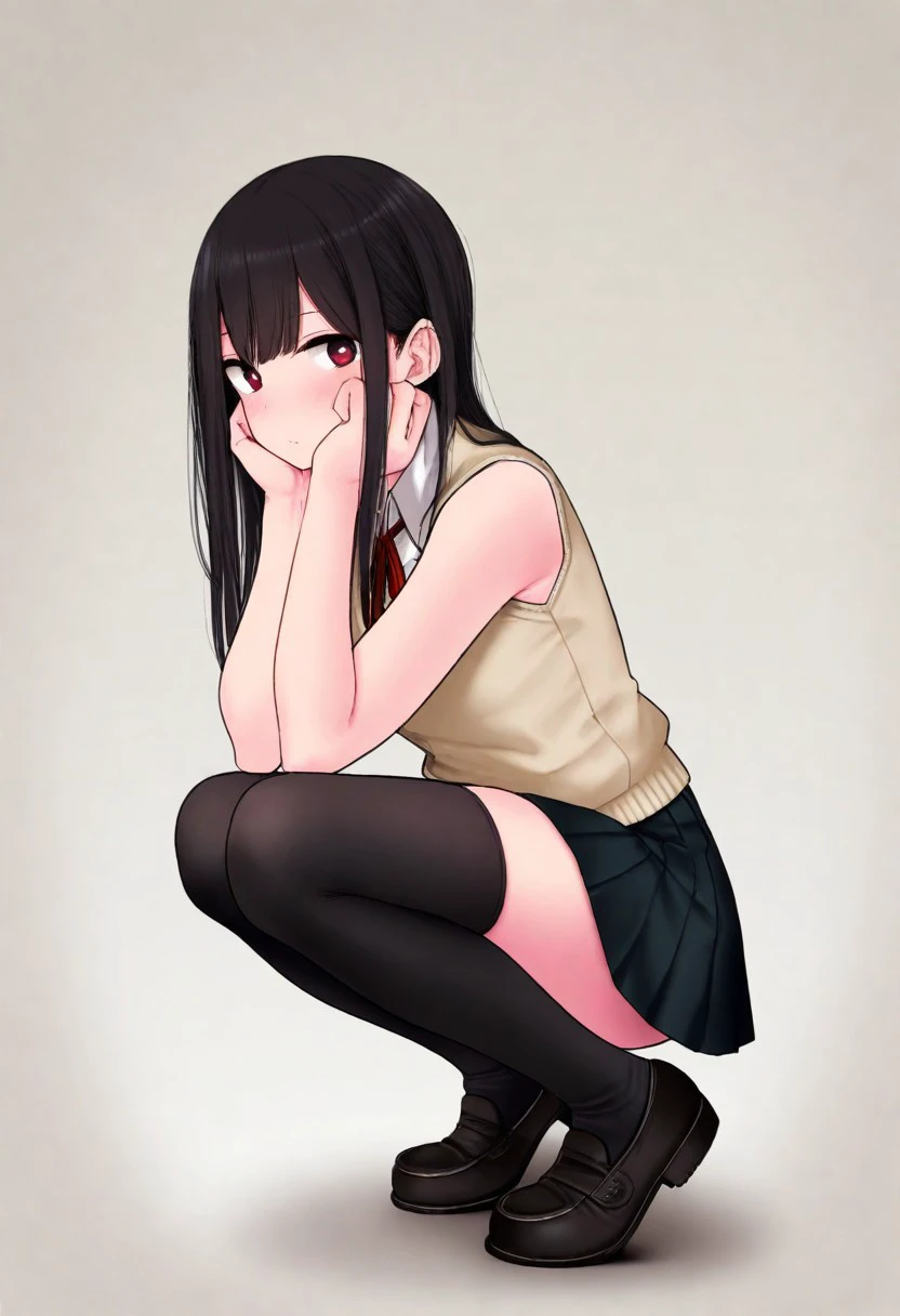 1girl, solo, black hair, white background, long hair, sleeveless, looking at viewer, blush, school uniform, thighhighs, black thighhighs, squatting, sfw, shoes