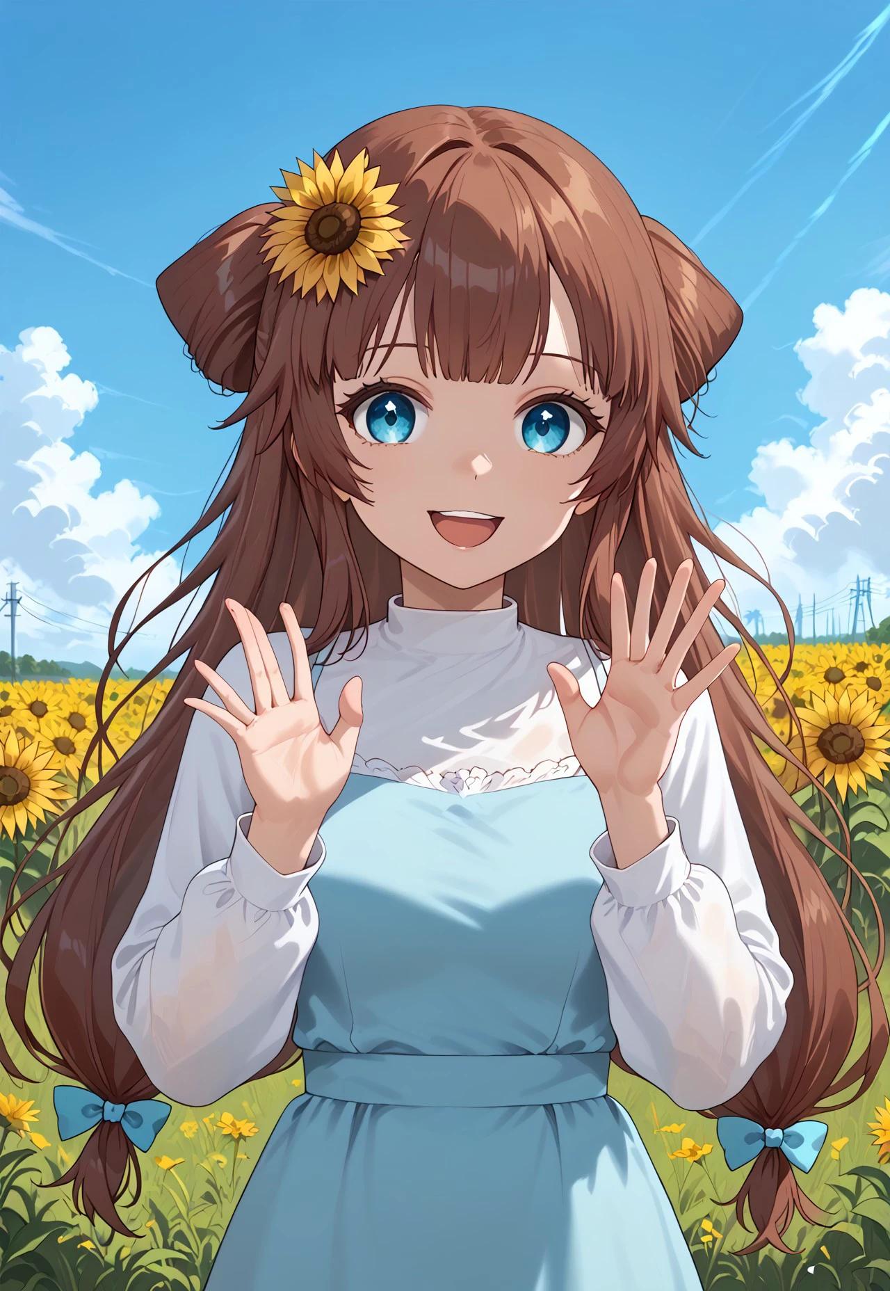 1girl, solo, solo focus, highres, absurdres, RemiSprings, hair flower, sunflower hair ornament, brown hair, long hair, bangs, blue eyes, blue dress, white shirt, hair bow, blue bow, bangs, long dress, long sleeves,
looking at viewer, smile, open mouth, hands up, waving,
day, blue sky, cloud, sunflower field, neon lights, shade,