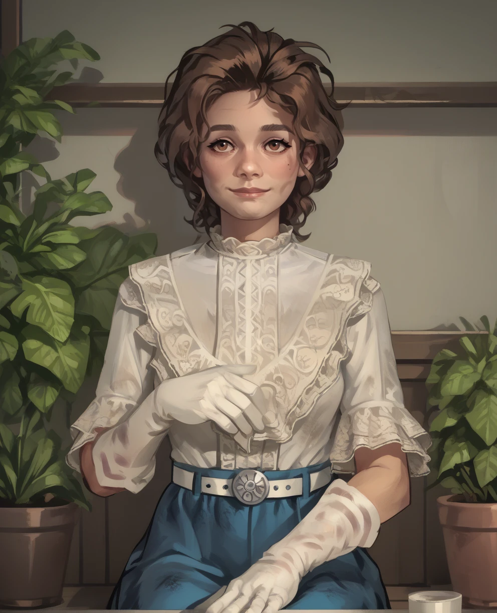 score_9,score_8_up,score_7_up,score_6_up,score_5_up,score_4_up,
hrrtdvnprtxl,brown eyes,brown hair,
white shirt,dirty clothes,white gloves,white belt,
blue skirt,sitting,upper body,light smile,
old west,indoors,plants,
<lora:harrietdavenportxl:0.9>,