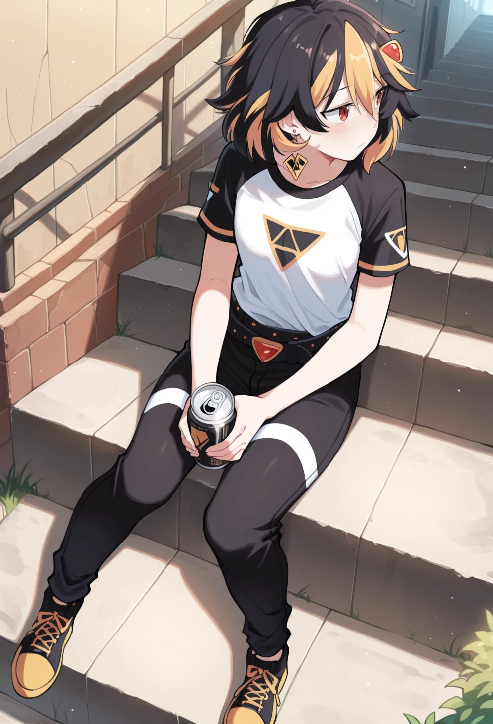 masterpiece, best quality, high quality, anime, solo, 
 <lora:AEAliceIllx:1> AEAlice, red eyes, streaked hair, black hair, blonde hair, Multicolored hair, messy hair, medium hair, small breast, hair ornament, hairclip, White shirt, print shirt, raglan sleeves, black belt, multiple belts, black pants, black footwear, sneakers, single earring, sitting, two-handed, holding can, sitting, looking afar, from above, black can, stairs, short sleeves, outdoors,