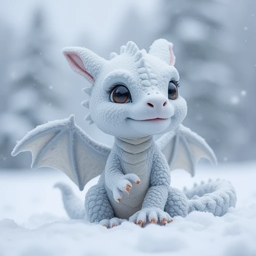 a realistic cute baby dragon made entirely with snow, the weather is windy and snowy and the cold make fog