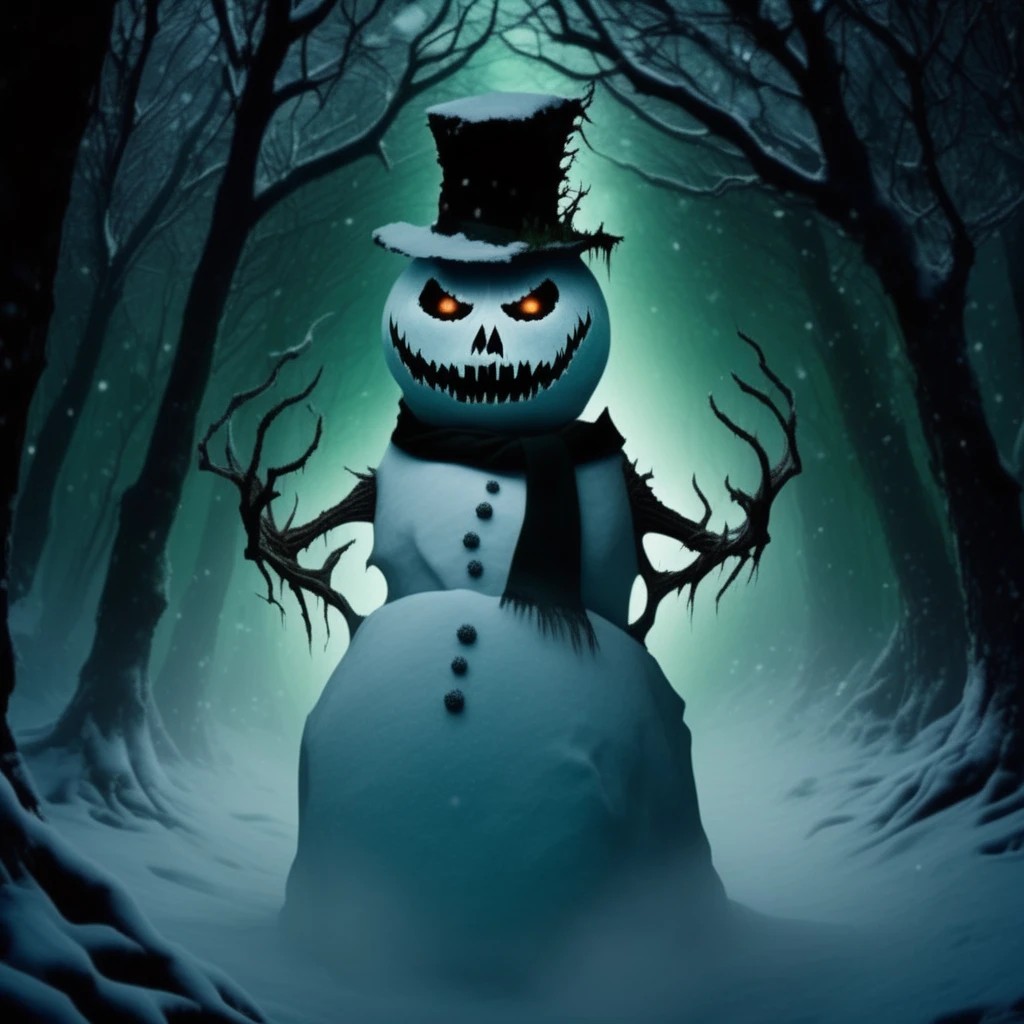 <lora:Grim_Snowmen:1> gr1msn0w, creepy snowman partially hidden among twisted black trees, icy cracks forming sinister patterns on its body, broken top hat tilted ominously, a faint green glow emanating from its hollow center, snowstorm sweeping through moonlit forest, eerie shadowy figures faintly visible in the distance, dynamic wide-angle view with snow-covered ground and dense tree canopy, cinematic and suspenseful horror vibe, subtle glowing embers in snow