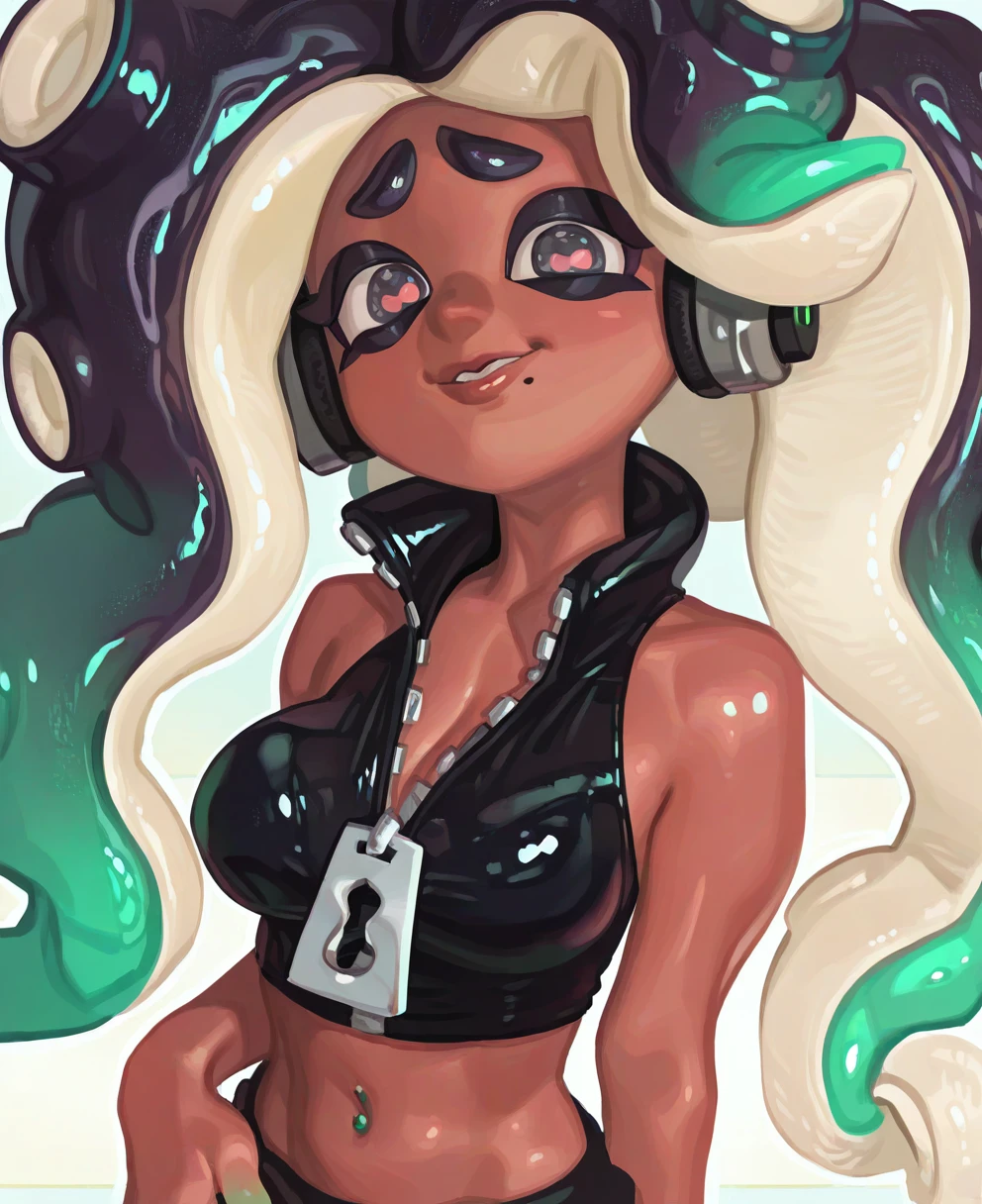 <lora:glossILLUS:1>,gloss,
(masterpiece), (best quality), (ultra-detailed), amazing quality, very aesthetic, illustration, perfect composition, intricate details, absurdres, incredibly absurdres, shiny skin, realistic, gloss_(hotglossed), 1girl, marina (splatoon), navel piercing, dark-skinned female, tentacle hair, very dark skin, mole under mouth, crop top, green hair, long hair, looking at viewer, multicolored hair, suction cups, headphones, cephalopod eyes, medium breasts, parted lips, smile, midriff, pink pupils, bare shoulders, zipper pull tab, colored skin, green eyes, gradient hair, sleeveless, two-tone hair