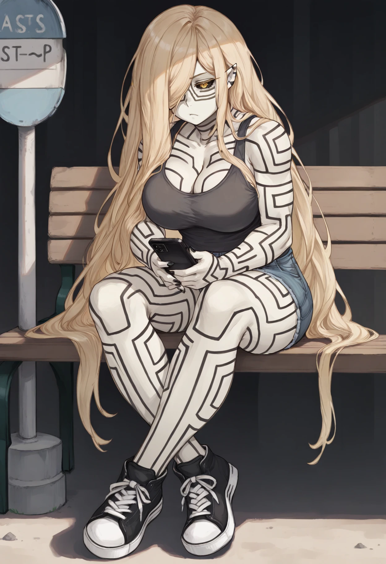 masterpiece, best quality, 1girl, sitting, bored, looking at phone, black nails, crossed ankles, <lora:AsherahSMT-illu:1> asrSMT, blonde hair, very long hair, hair over one eye, pointy ears, black sclera, yellow eyes, colored skin, large breasts, tank top, cleavage, denim shorts, sneakers, bus stop, bench