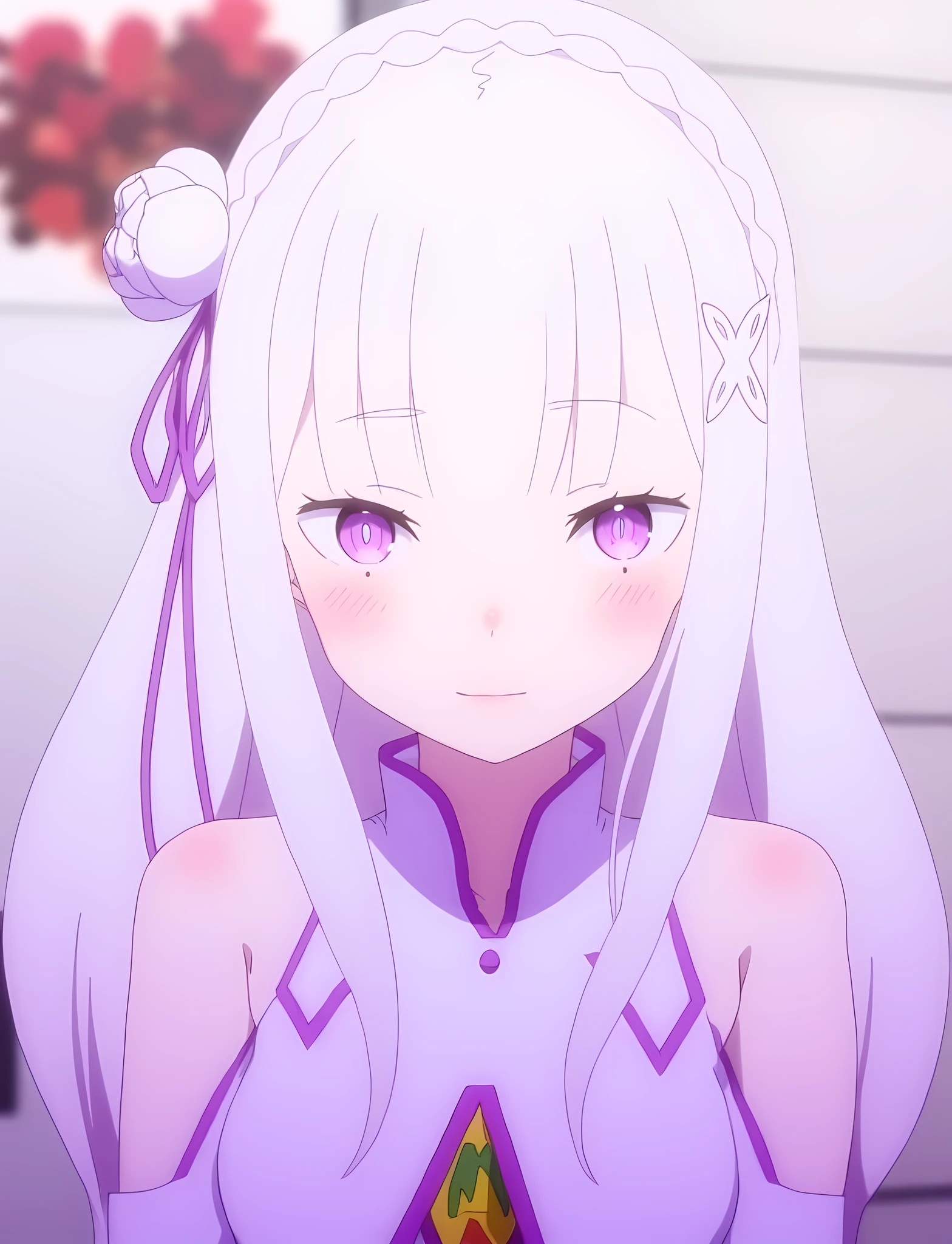 EmiliaFlux, white hair, purple eyes, masterpiece, <lora:EmiliaFlux:1>, anime style