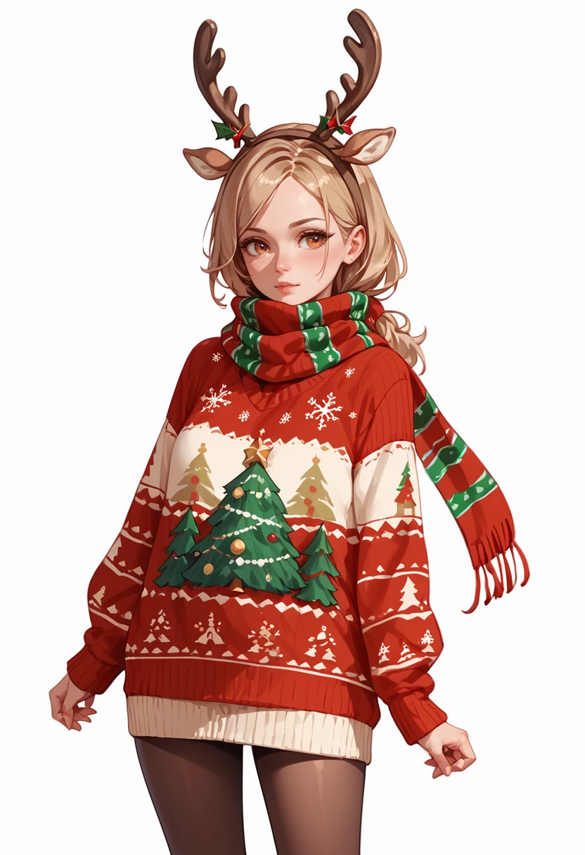 score_9, score_8_up, score_7_up, score_6_up, score_5_up, score_4_up, masterpiece, ultra-detailed, high resolution,

christmas_sweater, 1girl, pantyhose, scarf, reindeer antlers, christmas, antlers, red sweater, 