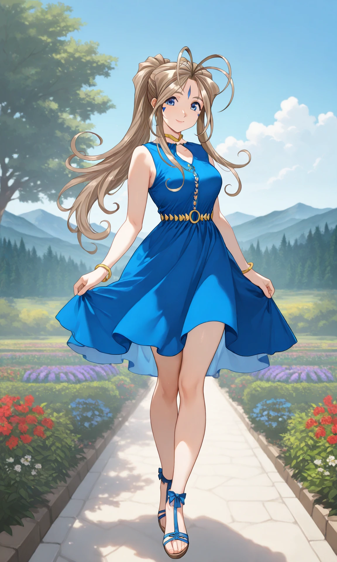 1girl, (Belldandy), smile, dress, medium breasts, blue dress, looking at viewer, sleeveless, sleeveless dress, jewelry, bracelet, full body, outdoors, day, garden, mountainous horizon, forest, looking at viewer (high resolution), ((masterpiece)), (best quality), (very aesthetic), aesthetic, illustration