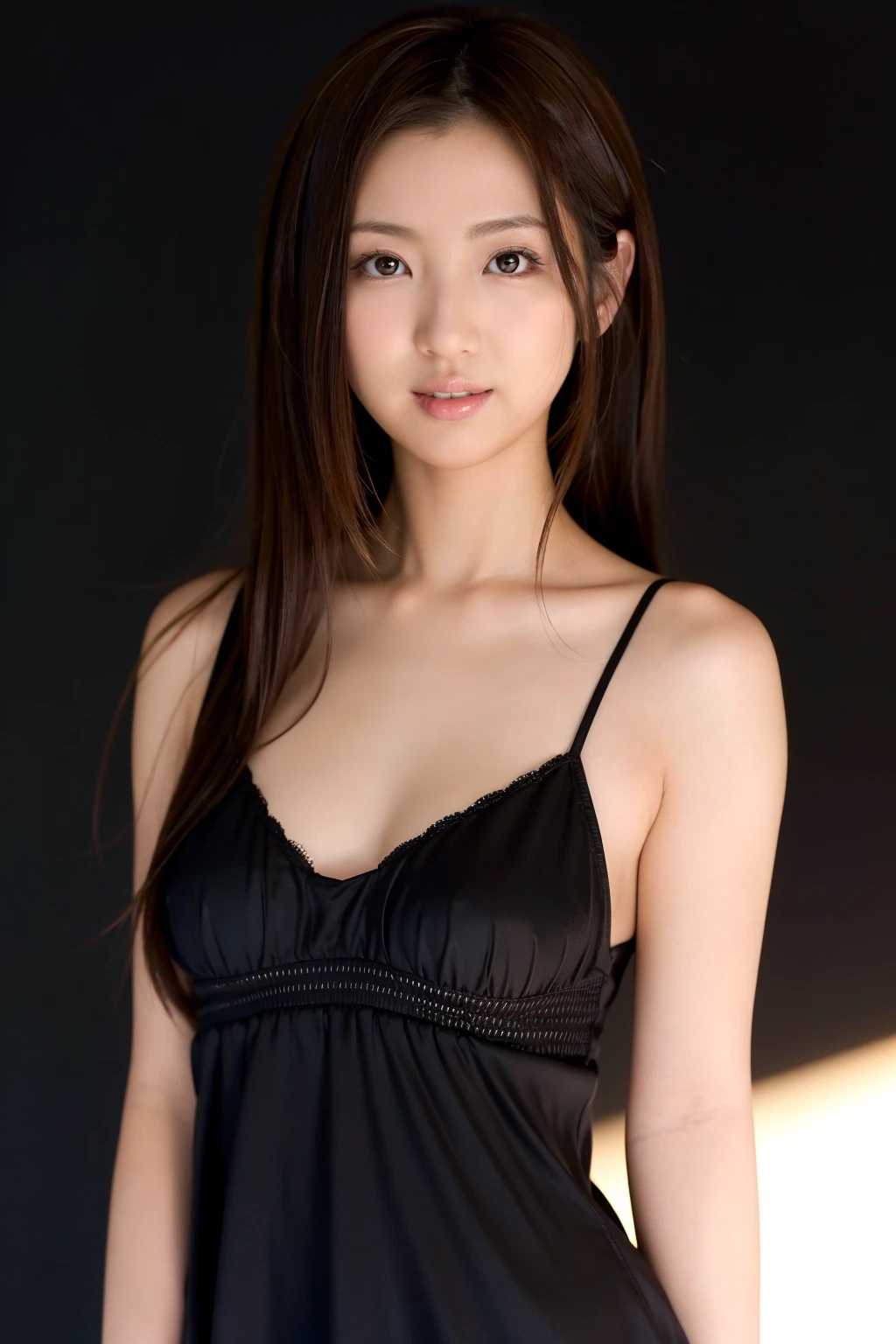 <lora:kazuki-asou_kk:0.9>,1girl,smile,asian,brown eyes,breasts,black hair,lips,long hair,looking at viewer,sundress,realistic,solo,upper body ((black background, simple background)),kazuki-asou,