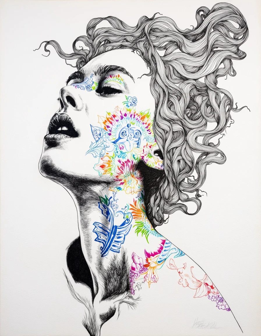 Gabriel Moreno art. This image is a highly detailed, surreal drawing created in a detailed, ink and watercolor style. It depicts a woman with a stylized, ethereal quality. She is shown from the shoulders up, with her head tilted back and mouth slightly open, as if exhaling or speaking. Her face is adorned with intricate, ornate designs, featuring a geometric patterns. <lora:Gabriel_Moreno:1>