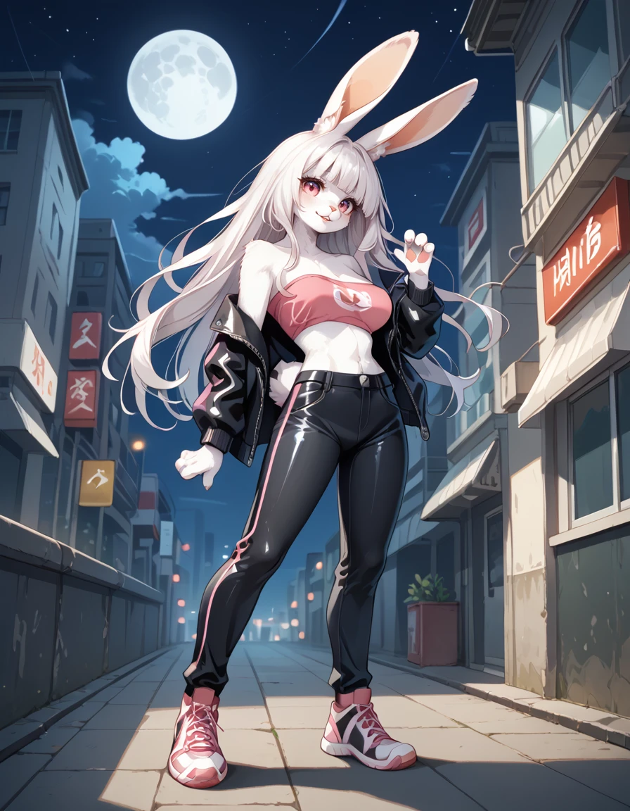 score_9,score_8_up,score_7_up,
outdoors,city,night, night sky, full moon, 
full body,seductive smile,parted lips,long eyelashes,standing,pose,
leather pants, tube top, leather jacket, 
<lora:Yukyo_v01_PDXL:1>,Yukyio,1girl,solo,furry female,rabbit girl,rabbit ears,animal ear fluff,rabbit tail,white hair,long hair,pink eyes,animal nose,snout,large breasts,
<lora:add-detail-xl:1>,