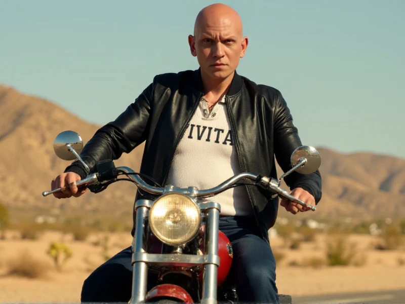 <lora:Noho_Hank:0.9> noho hank, a bald man with arm tattooes rides a harley davidson in the desert. He wears a "CIVITAI" tshirt and a leather jacket