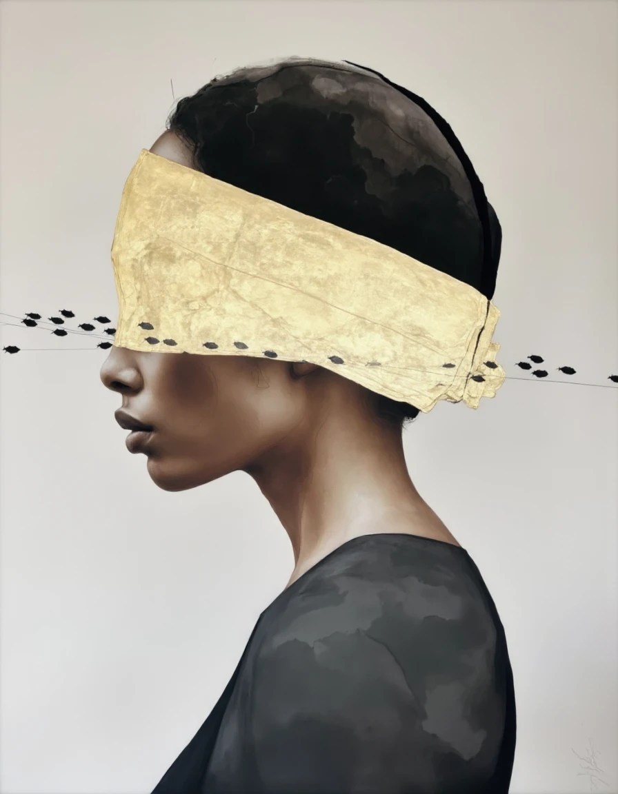 Chris Luha Art. This is a digital painting with a surreal, artistic style. The subject is a woman depicted from the shoulders up in a side profile view. She has a medium to dark skin tone and is adorned with a beige, crumpled cloth wrapped around her head, obscuring her face, which appears to be a blindfold or a veil. The cloth is textured with visible folds and creases, giving it a tactile, worn look. <lora:Chris_Luka:1>