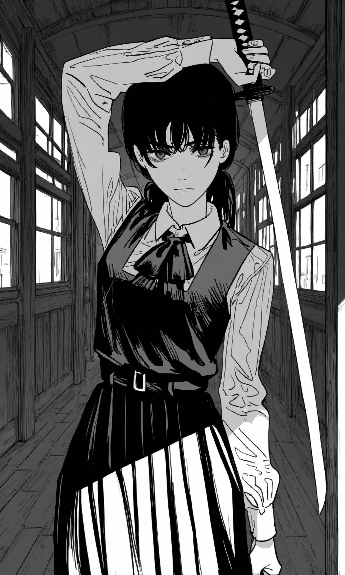 mitaka asa, monochrome, greyscale, low twintails, collared shirt, school uniform, pinafore dress, sleeveless dress, neck ribbon, looking at viewer, cowboy shot, interior, hall, window, serious, holding katana, arm up, (masterpiece, best quality, very awa:1.0)