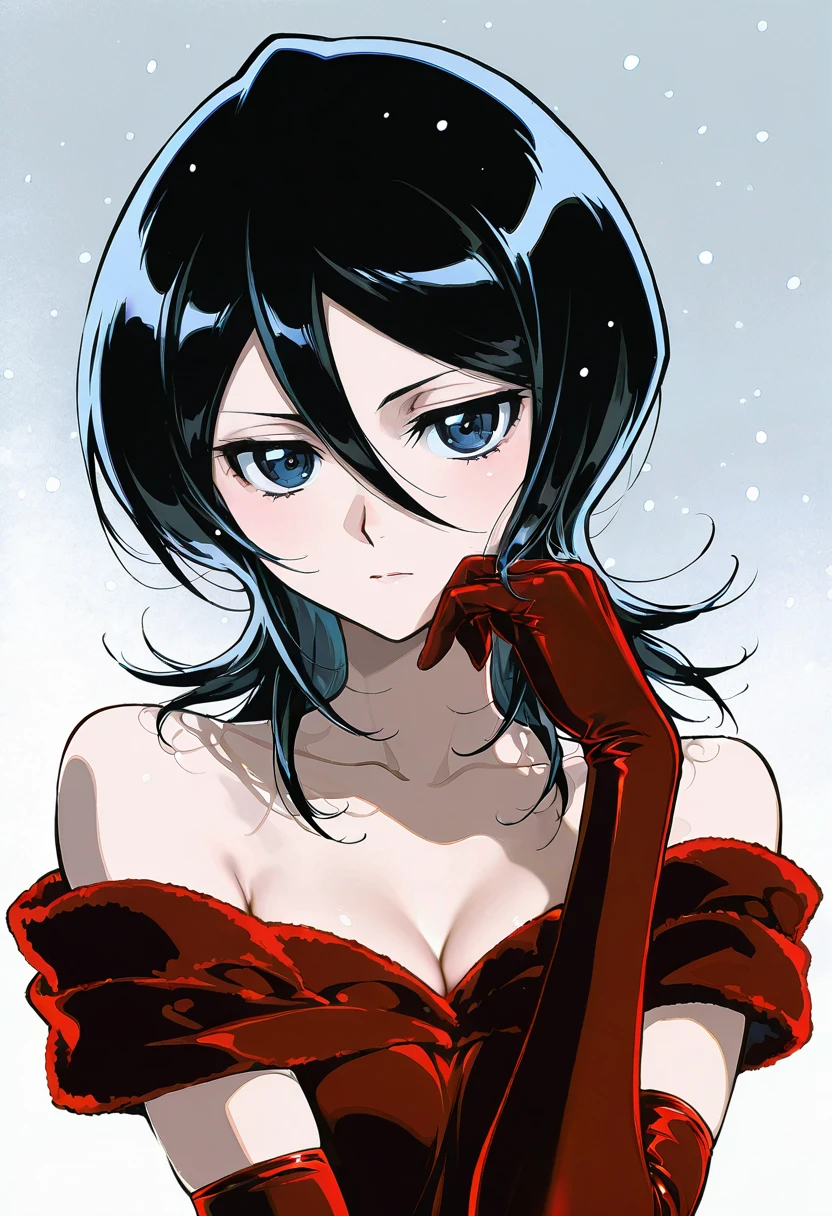 1girl,solo,looking at viewer,ikeda ruriko,velvet dress, elbow gloves, bare shoulders, red dress, red gloves, kuchiki_rukia, snow