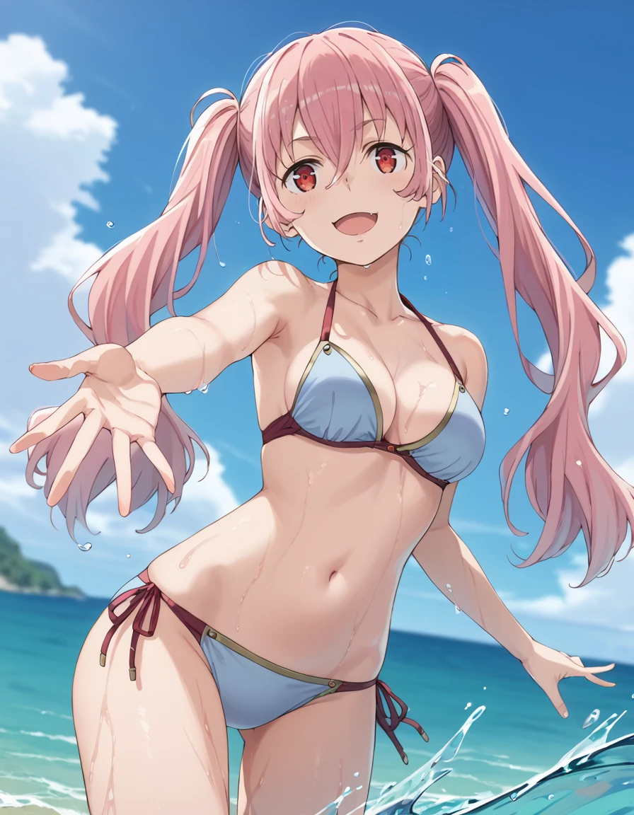 (( 1girl in)), (NSFW)、blush,Pink hair、Parted bangs、Forehead、One eye is closed、white forehead protector、green colored eyes、(((Pink striped bikini))) ,the beach、((tiny chest))、big butts、((thick thighs))、Sweat、((:D))、Surprised、(Straight hair)、Longhaire、spreading legs、(White shoulder armor)、Gold decoration、Blue crystal、Armpits、Hands are outstretched、sitting on